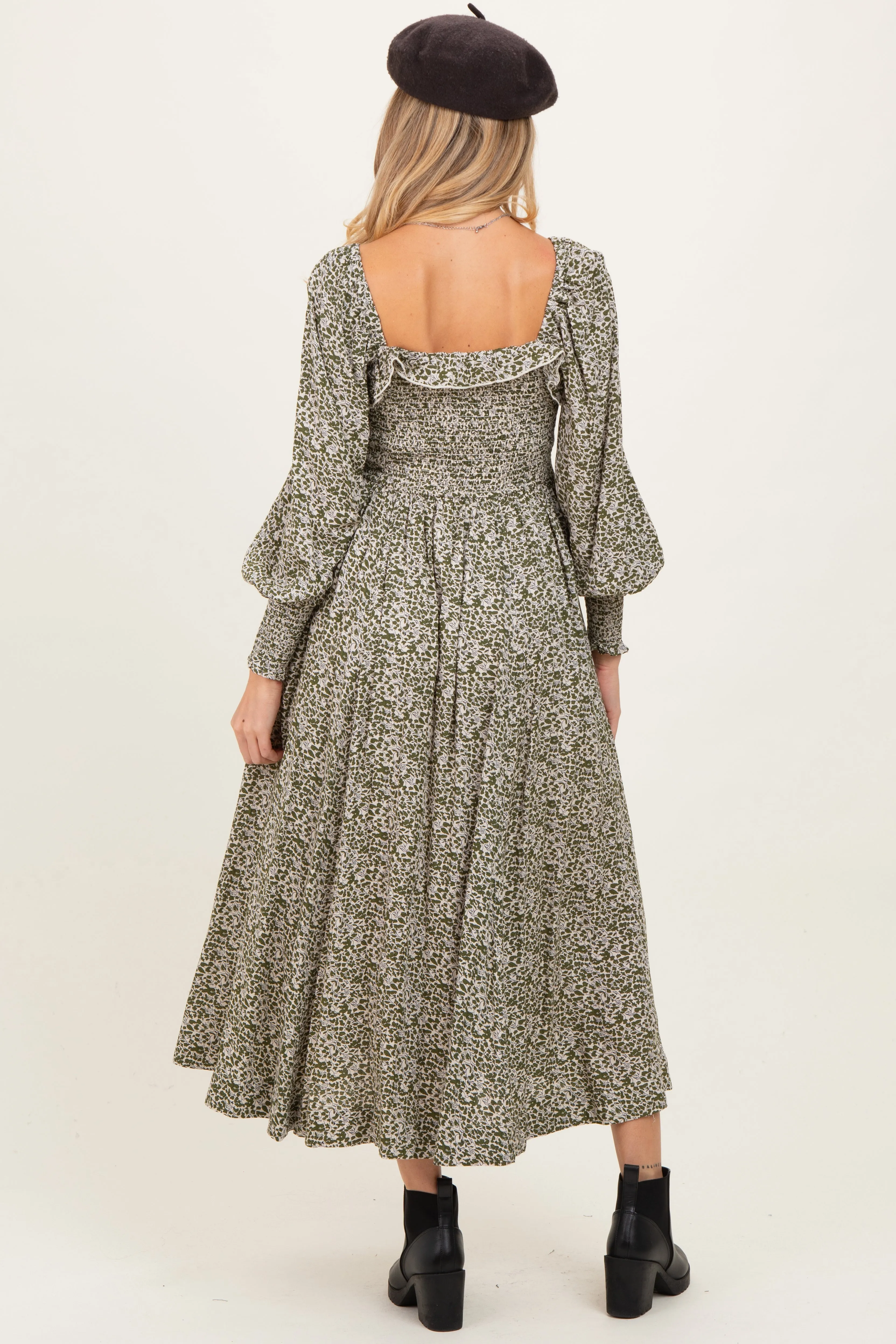 Light Olive Smocked Ruffled Floral Maternity Maxi Dress sold by Pinkblush product image thumbnail 3
