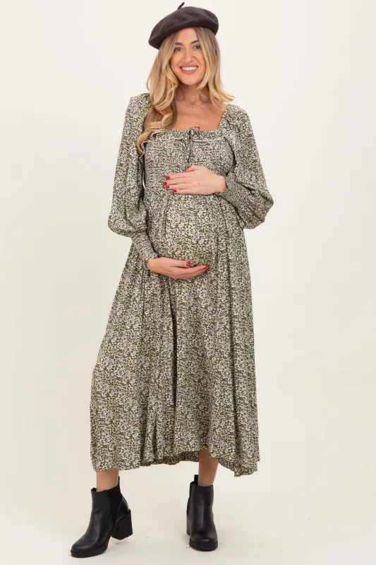 Light Olive Smocked Ruffled Floral Maternity Maxi Dress sold by Pinkblush