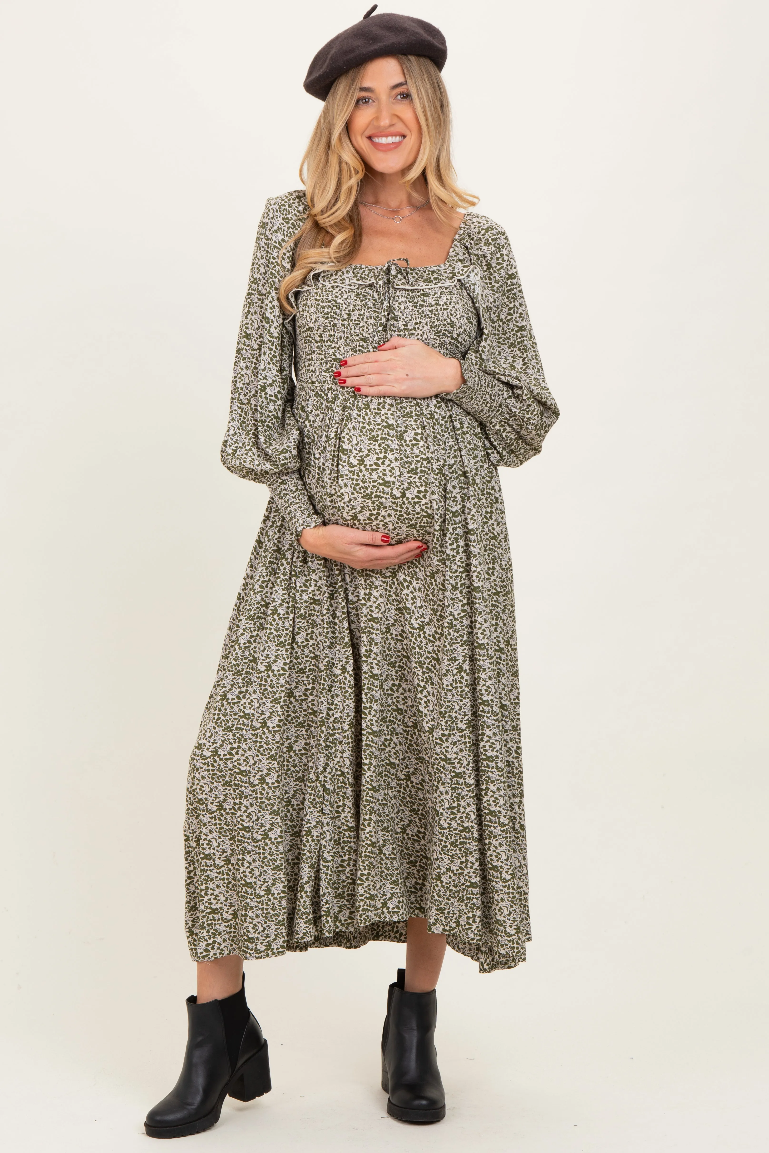 Light Olive Smocked Ruffled Floral Maternity Maxi Dress sold by Pinkblush