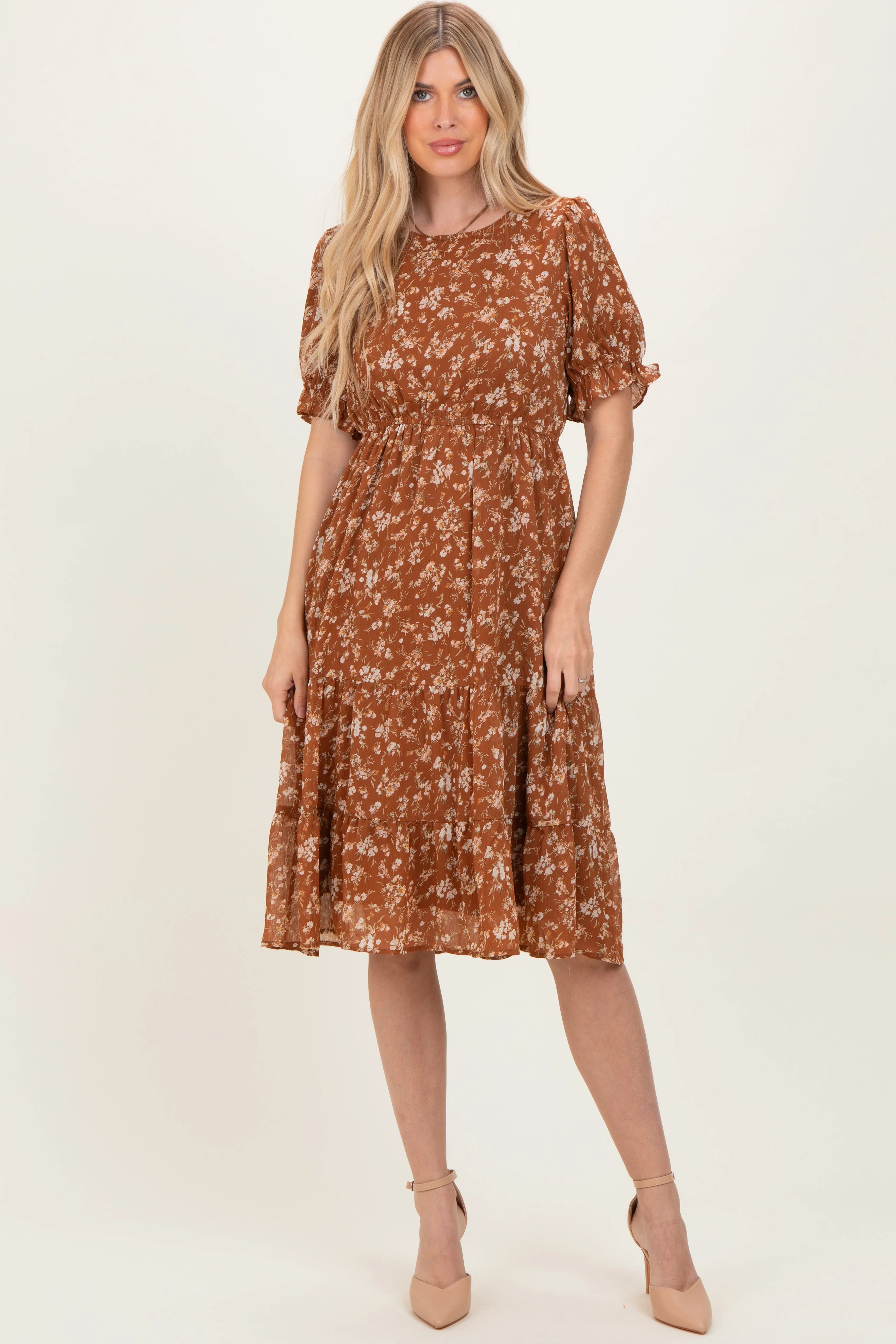 Rust Floral Short Sleeve Tiered Midi Dress sold by Pinkblush product image thumbnail 4