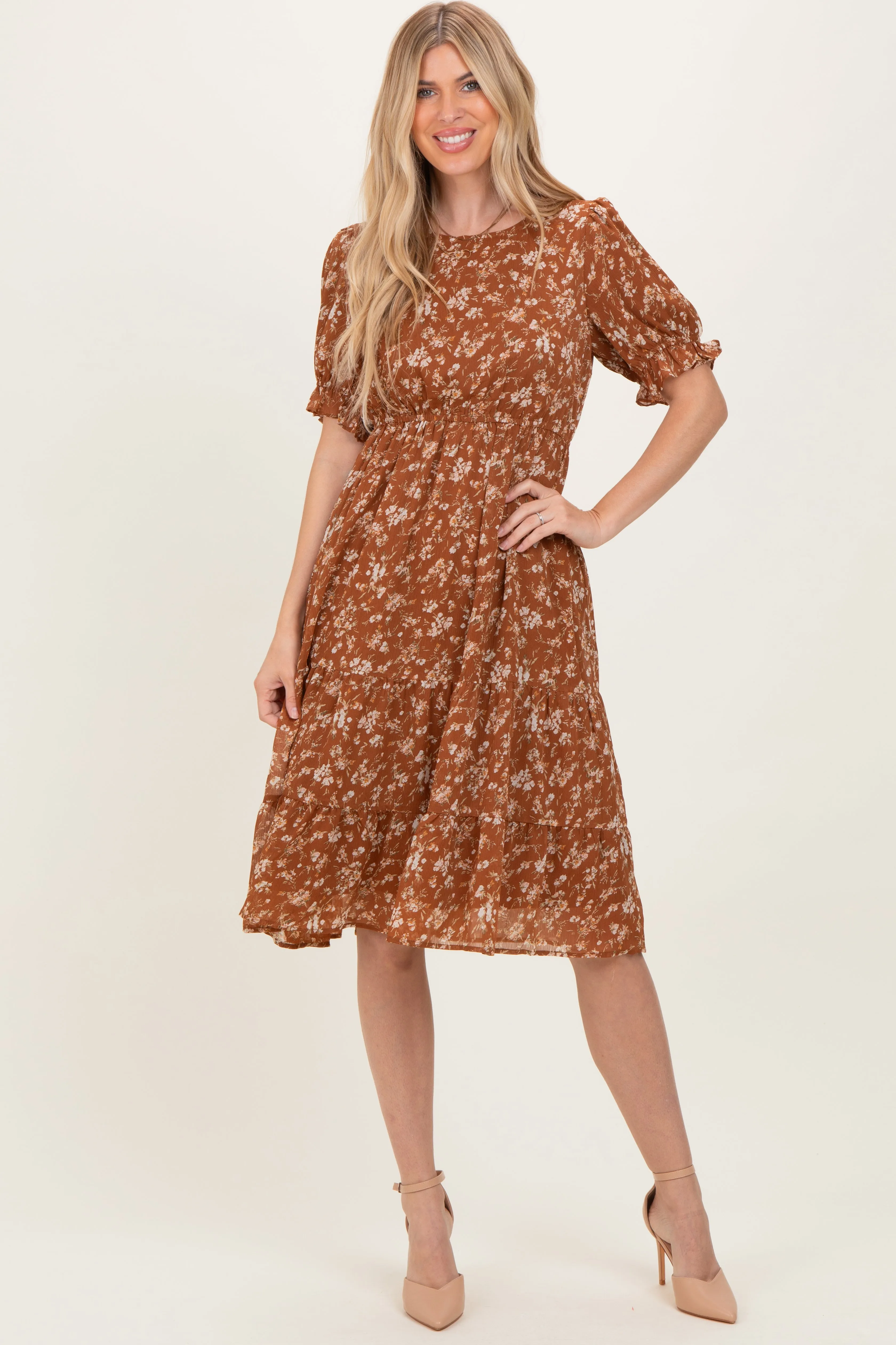Rust Floral Short Sleeve Tiered Midi Dress sold by Pinkblush