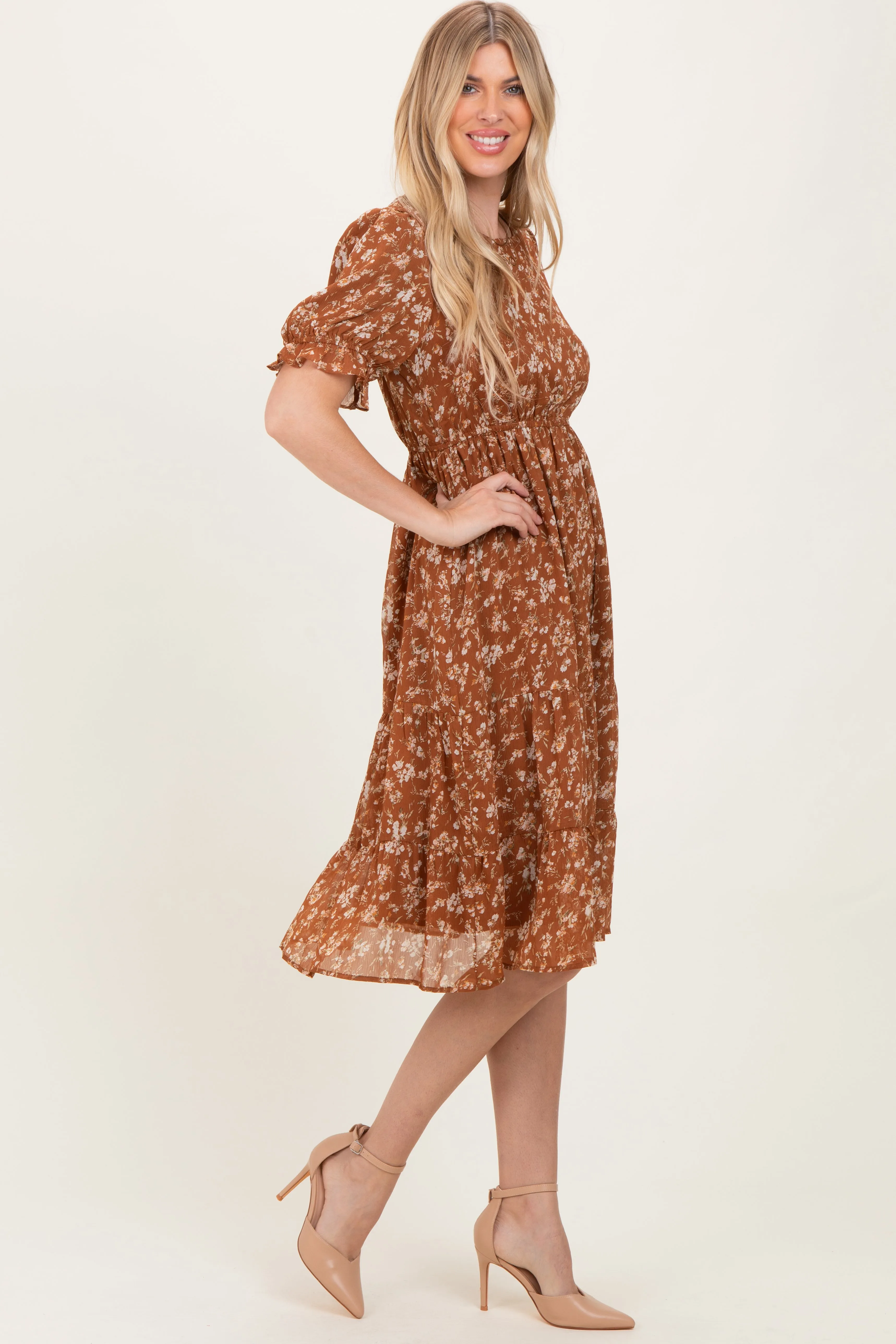 Rust Floral Short Sleeve Tiered Midi Dress sold by Pinkblush product image thumbnail 2