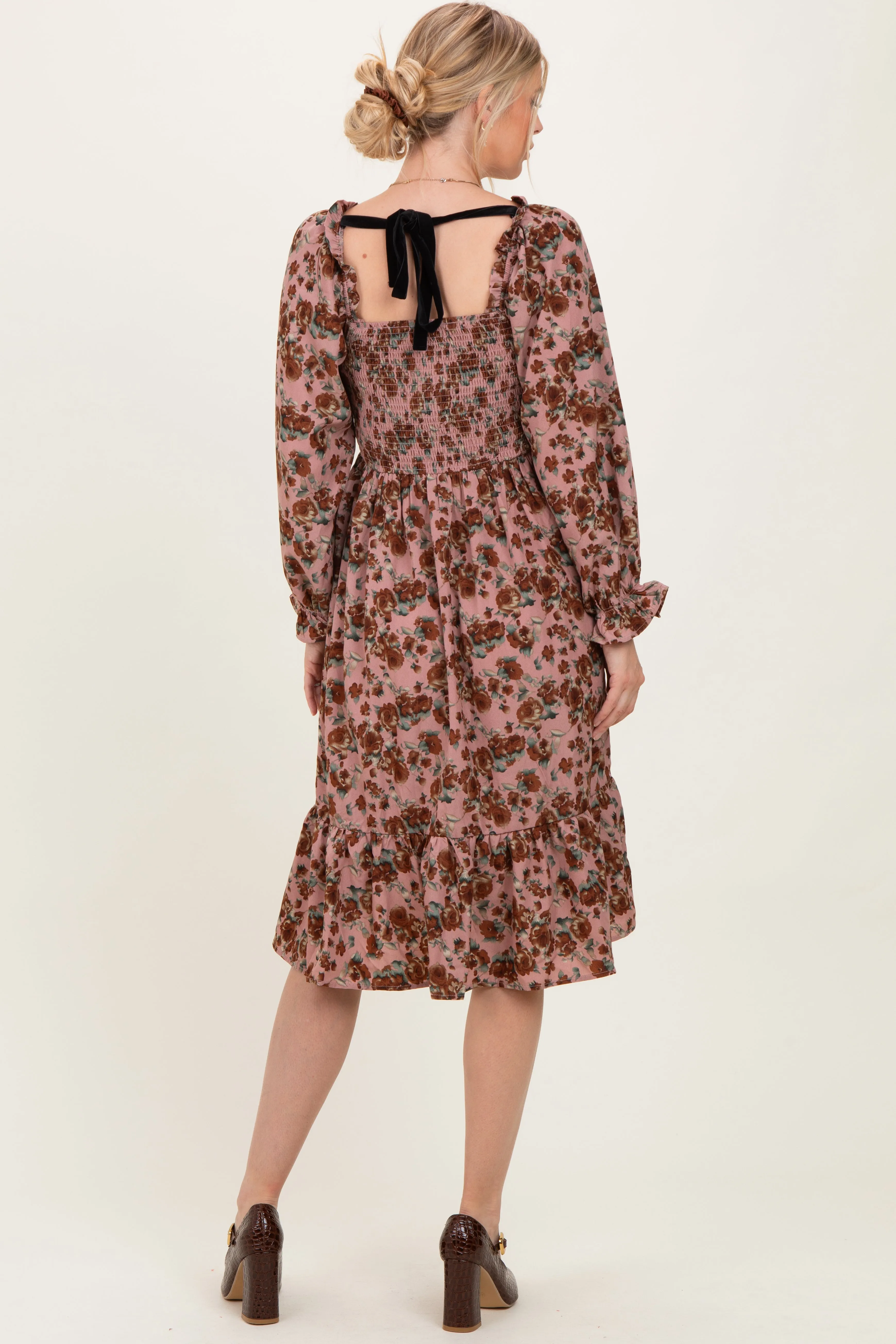 Mauve Rose Smocked Velvet Bow Tie Midi Dress sold by Pinkblush product image thumbnail 4