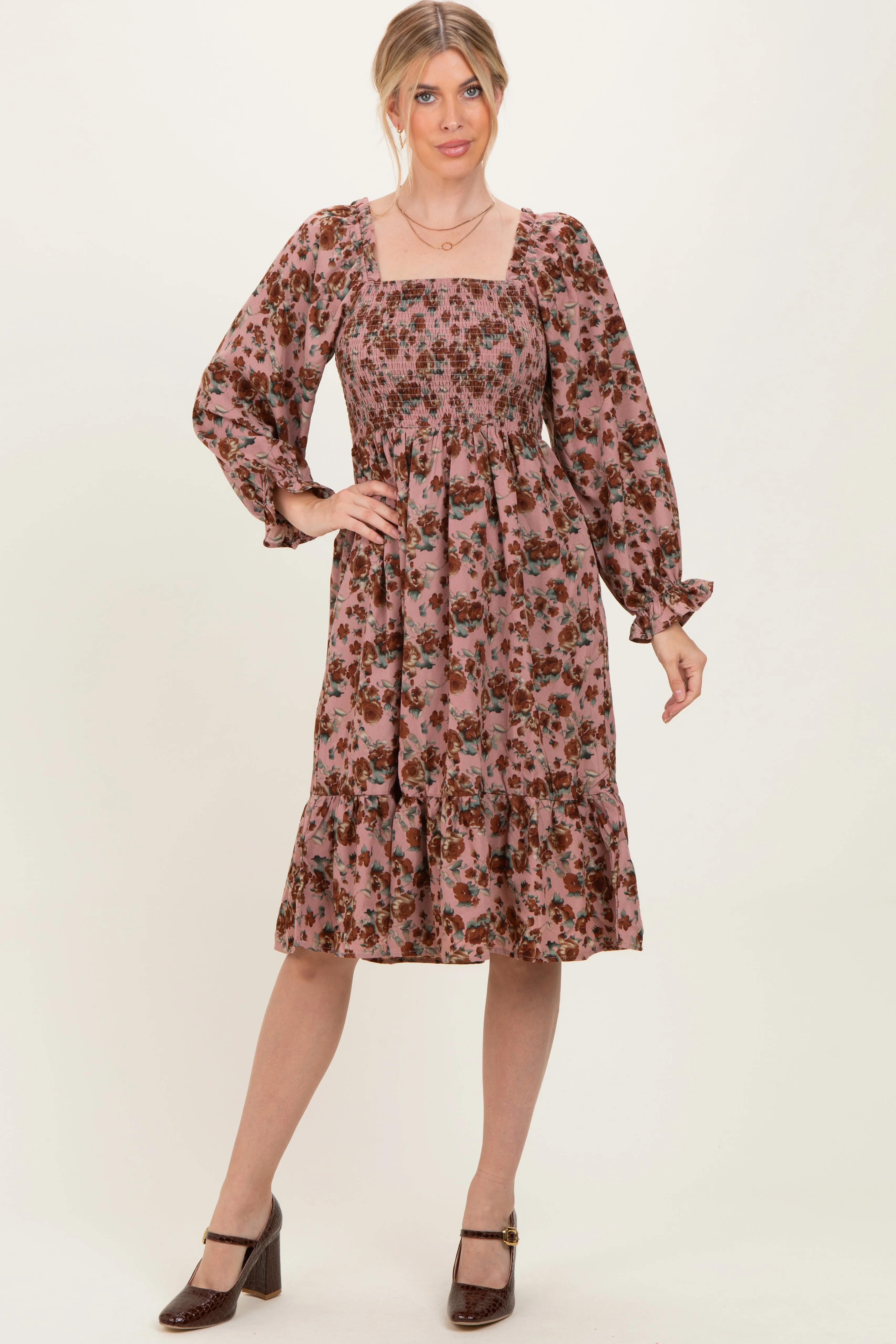 Mauve Rose Smocked Velvet Bow Tie Midi Dress sold by Pinkblush