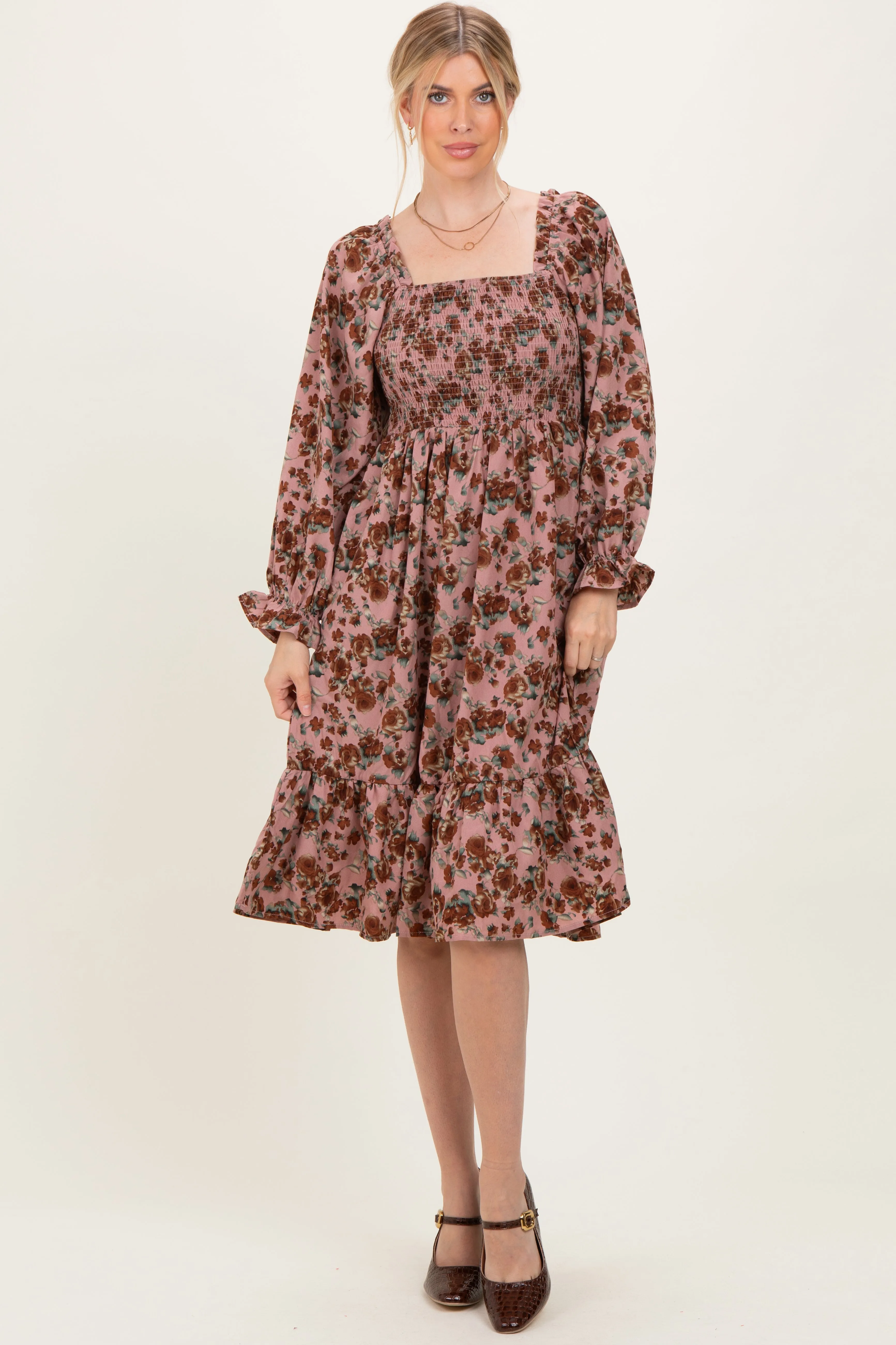 Mauve Rose Smocked Velvet Bow Tie Midi Dress sold by Pinkblush product image thumbnail 2