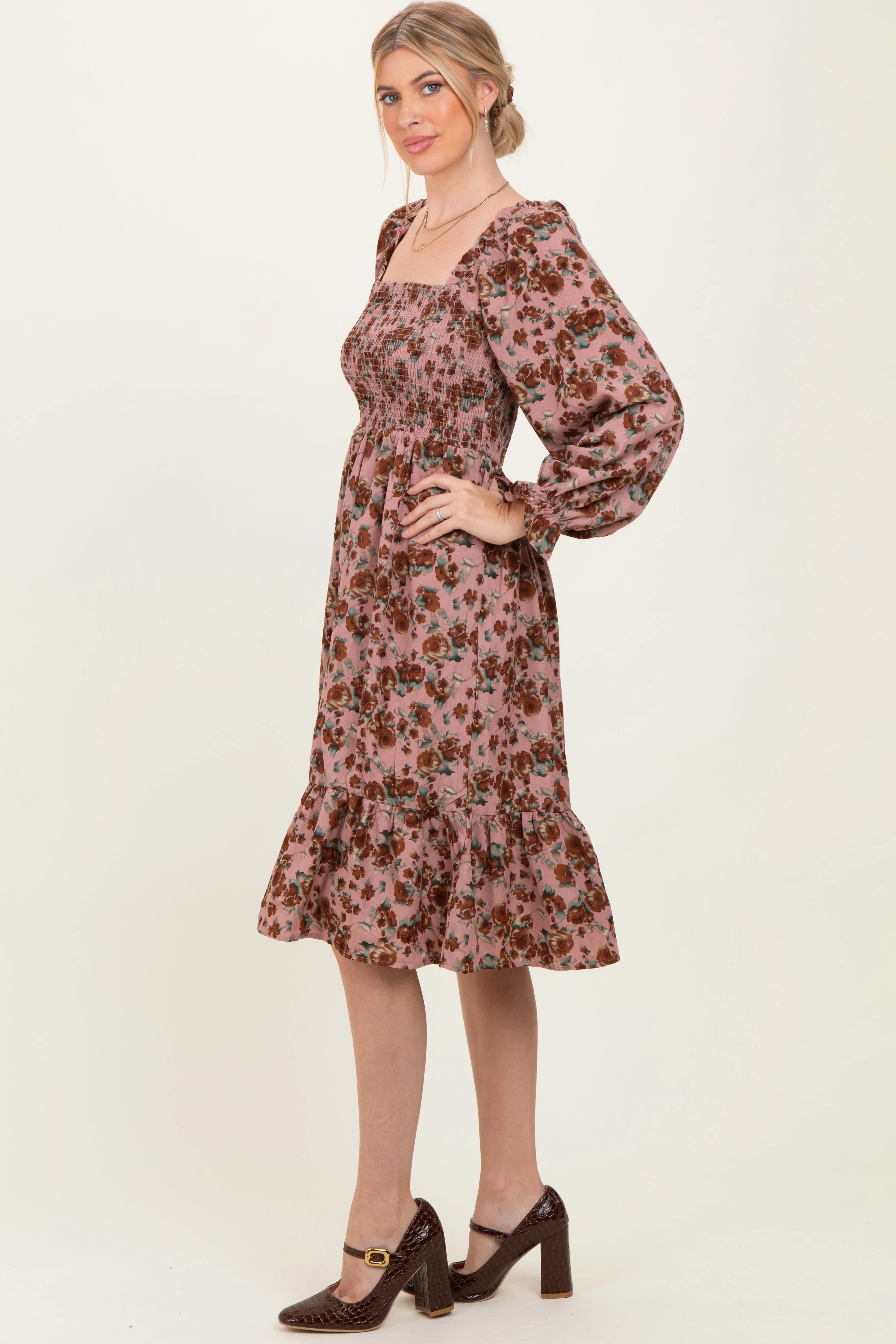 Mauve Rose Smocked Velvet Bow Tie Midi Dress sold by Pinkblush product image thumbnail 3