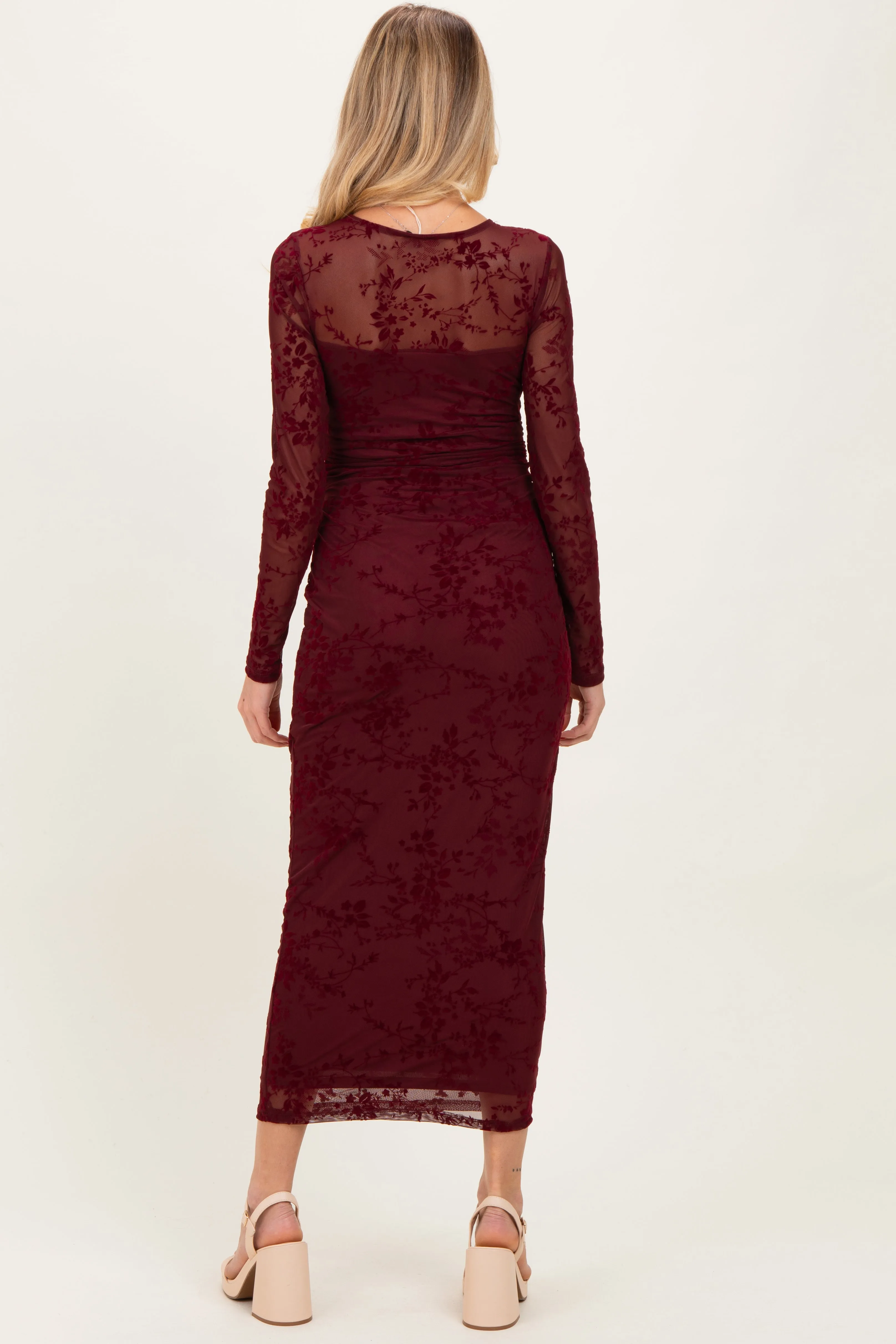Burgundy Floral Flocked Mesh Long Sleeve Maternity Midi Dress sold by Pinkblush product image thumbnail 4