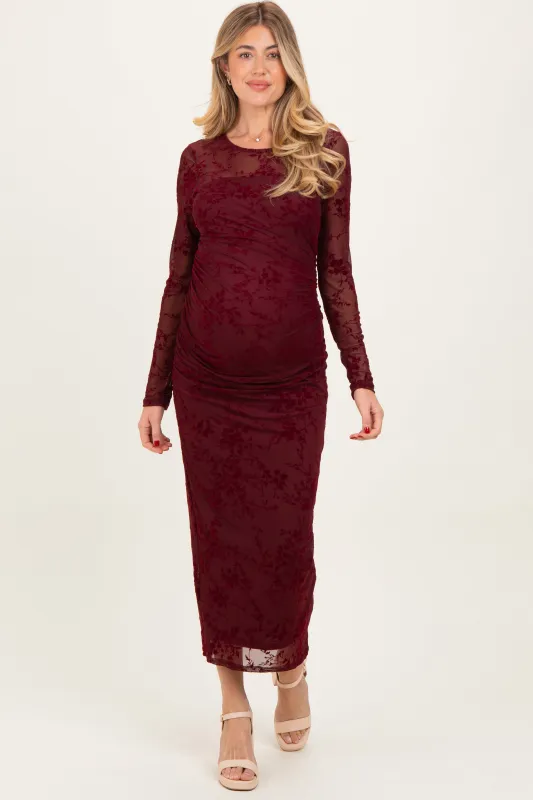 Burgundy Floral Flocked Mesh Long Sleeve Maternity Midi Dress sold by Pinkblush