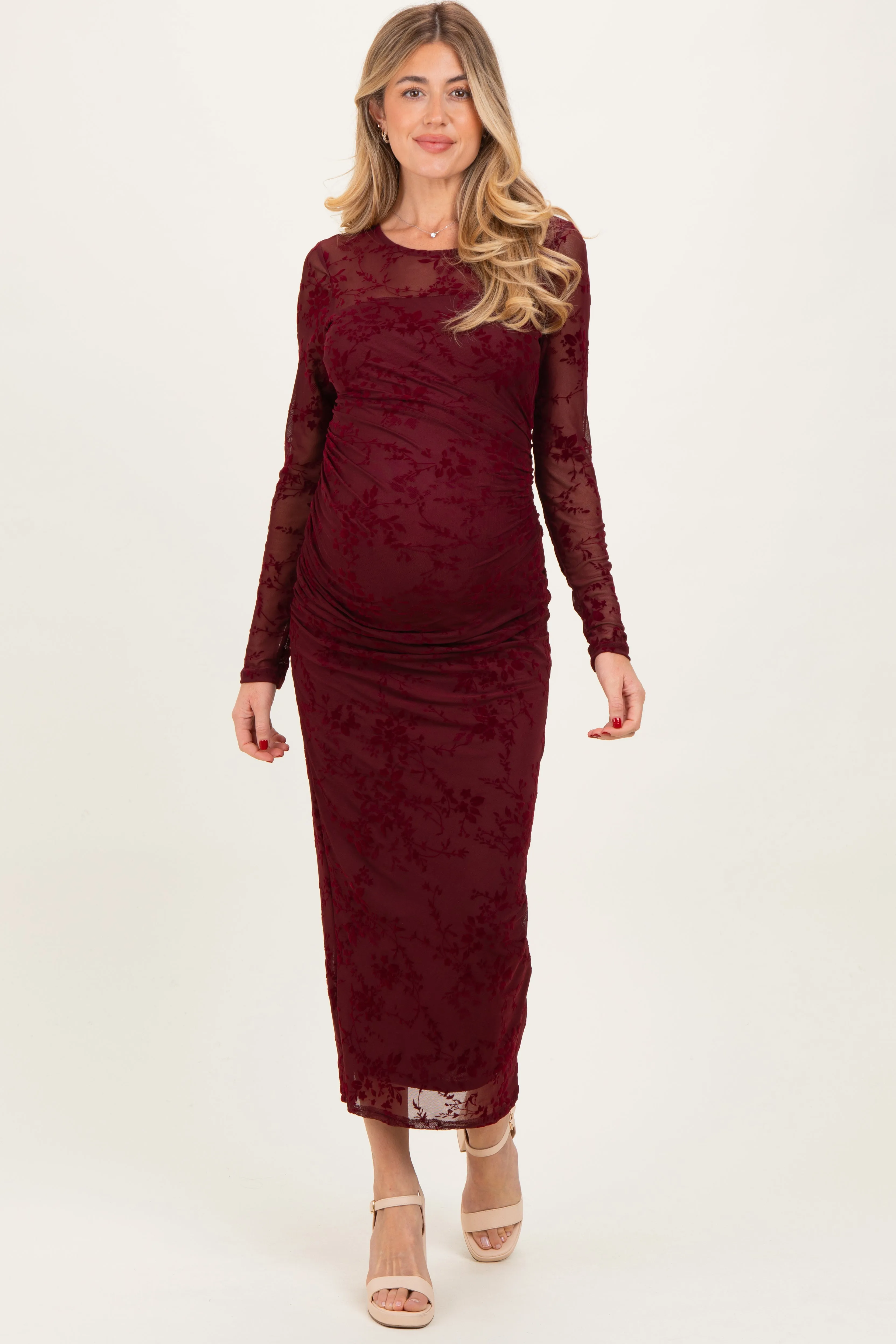 Burgundy Floral Flocked Mesh Long Sleeve Maternity Midi Dress sold by Pinkblush