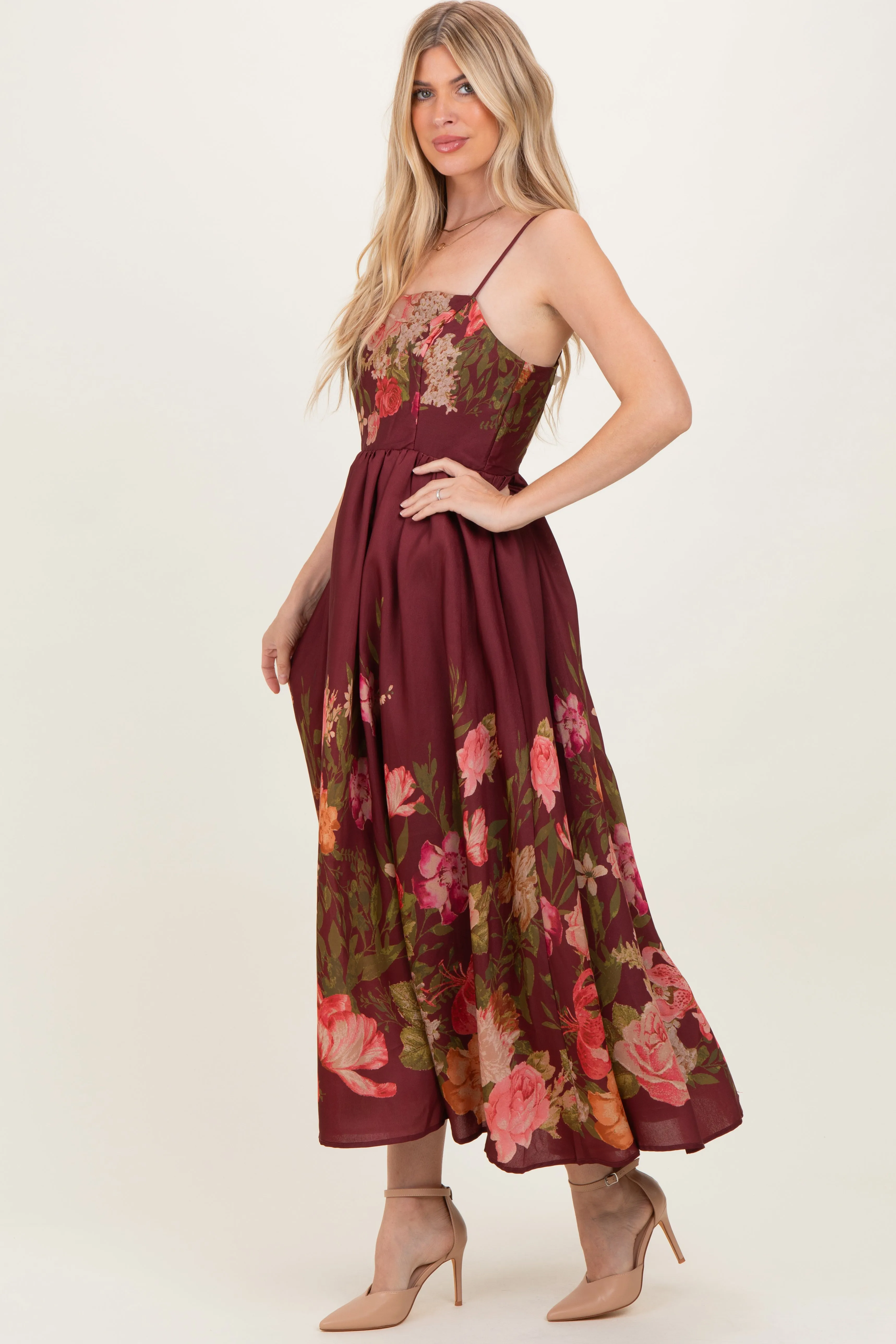 Burgundy Floral Thin Strap Maxi Dress sold by Pinkblush product image thumbnail 3
