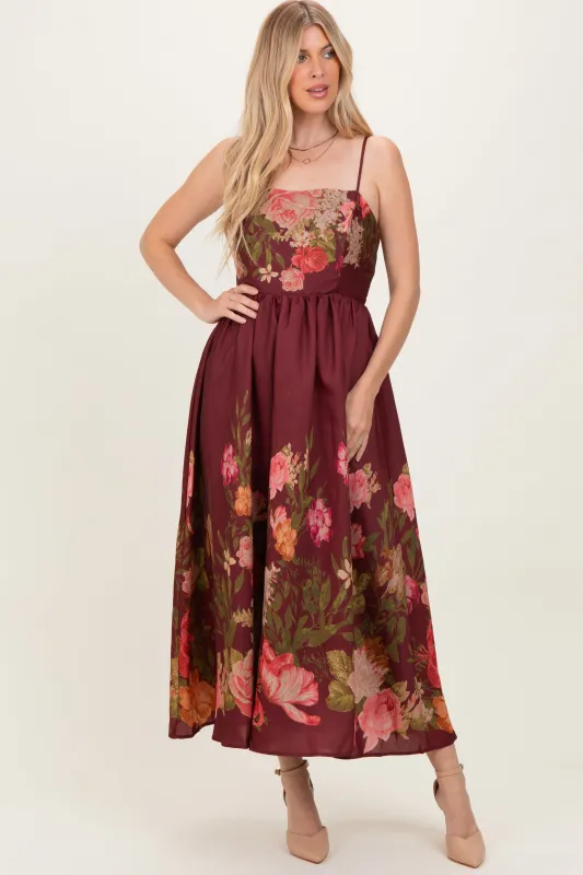 Burgundy Floral Thin Strap Maxi Dress sold by Pinkblush