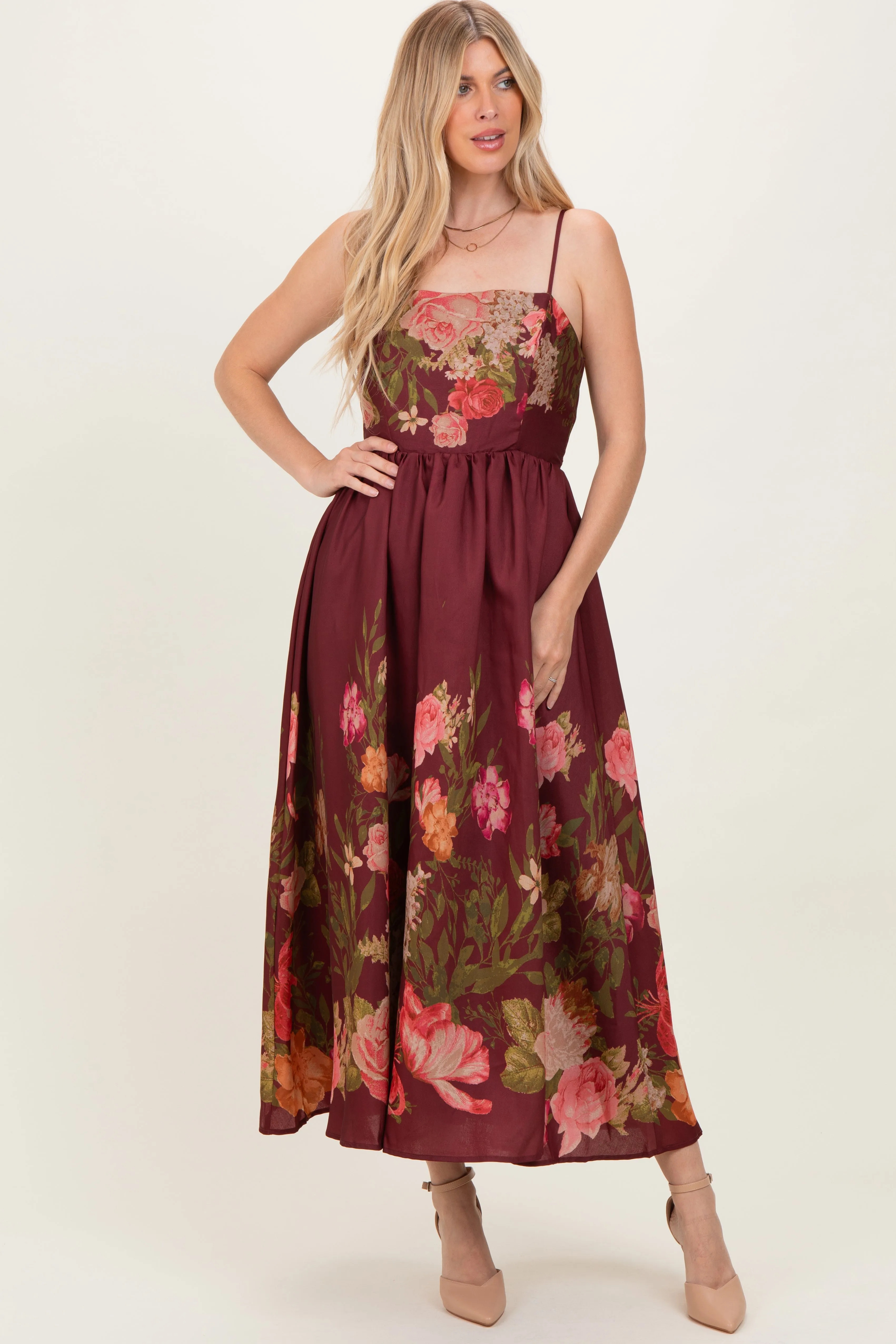 Burgundy Floral Thin Strap Maxi Dress sold by Pinkblush