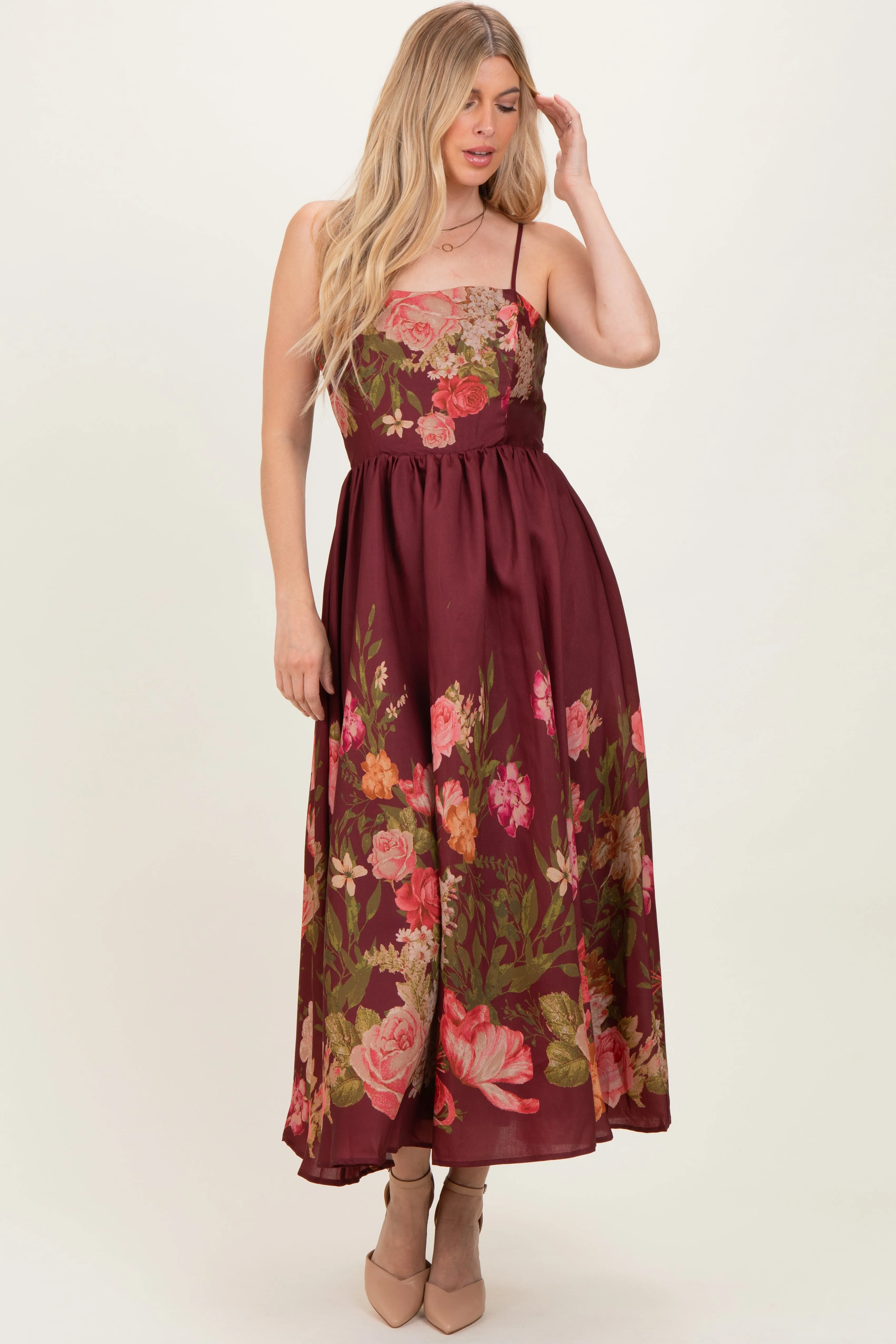 Burgundy Floral Thin Strap Maxi Dress sold by Pinkblush product image thumbnail 2