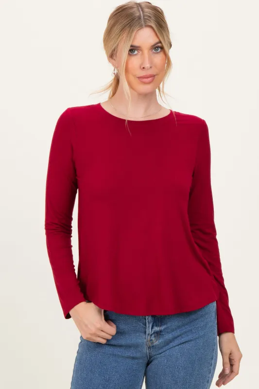Burgundy Flowy Round Hem Long Sleeve Top sold by Pinkblush