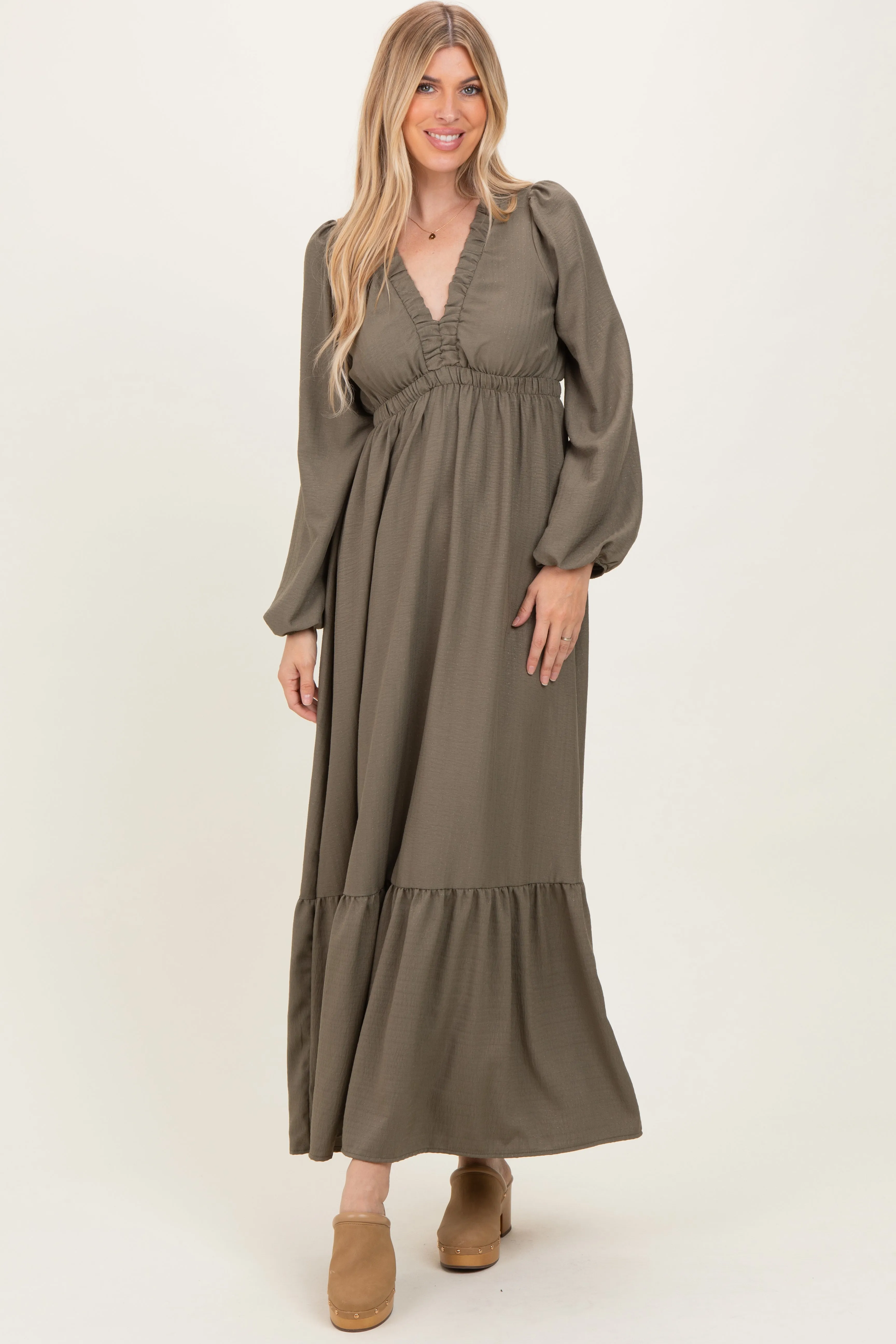 Forest Green Long Sleeve V-Neck Tiered Maxi Dress sold by Pinkblush product image thumbnail 2