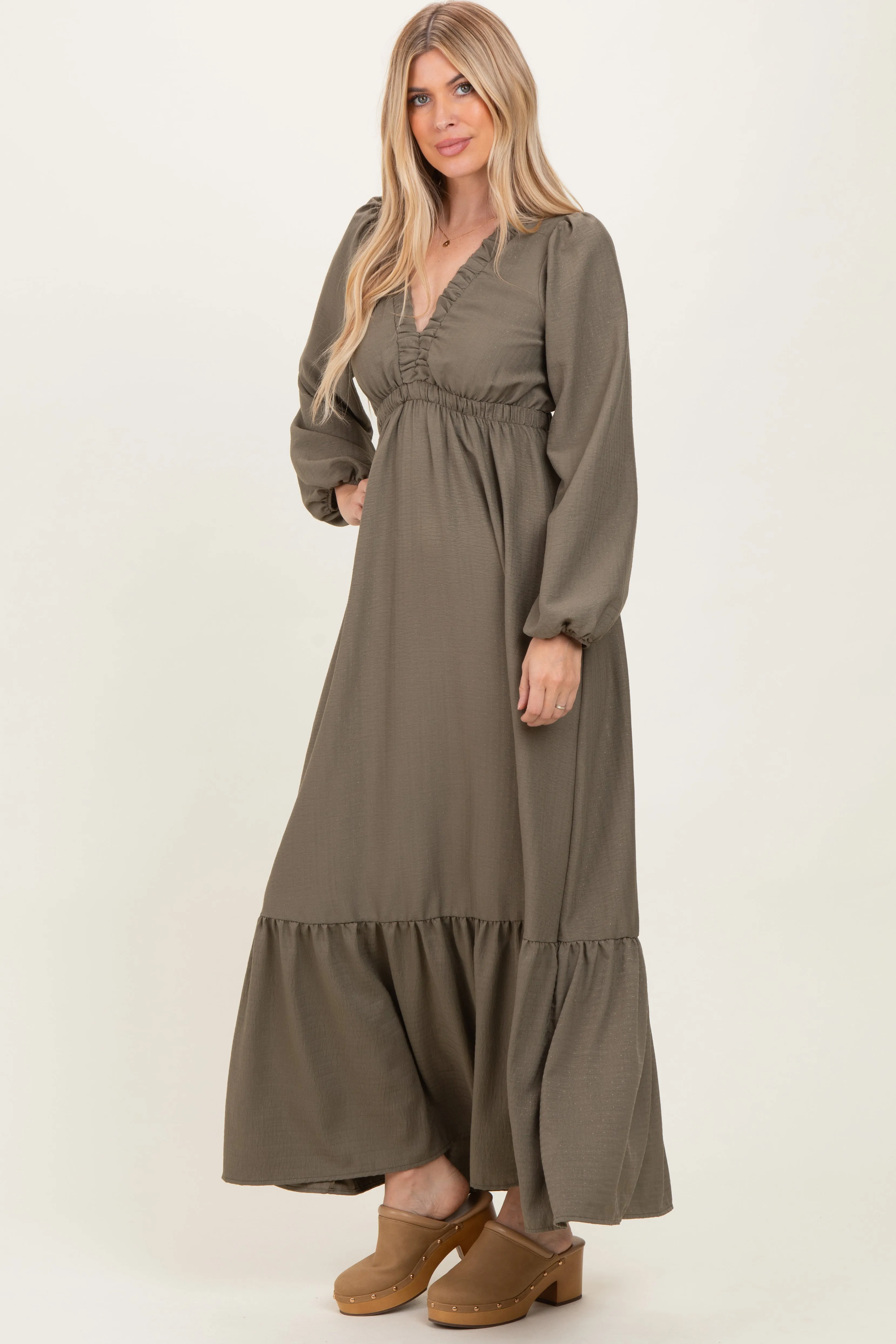 Forest Green Long Sleeve V-Neck Tiered Maxi Dress sold by Pinkblush product image thumbnail 3