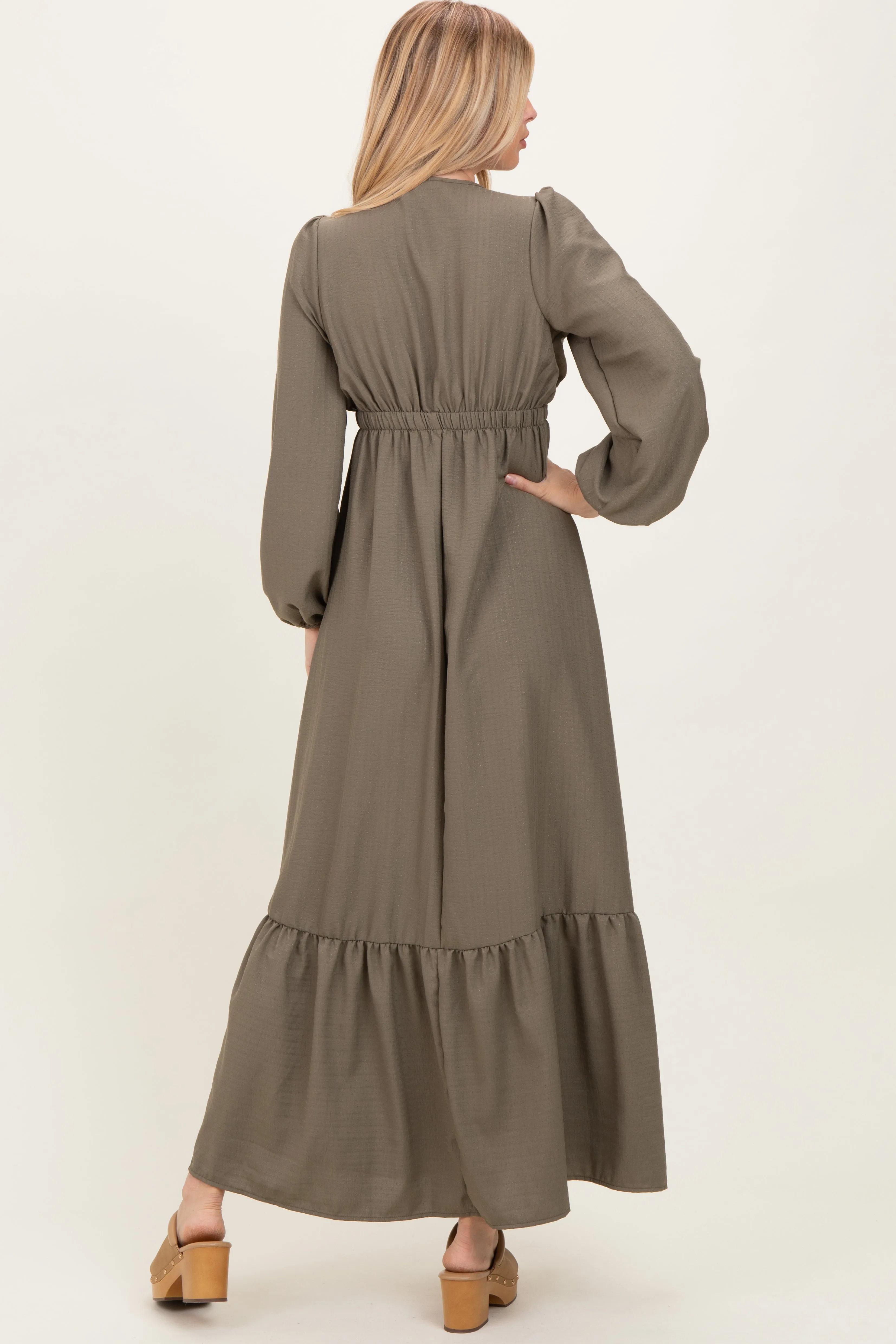 Forest Green Long Sleeve V-Neck Tiered Maxi Dress sold by Pinkblush product image thumbnail 4