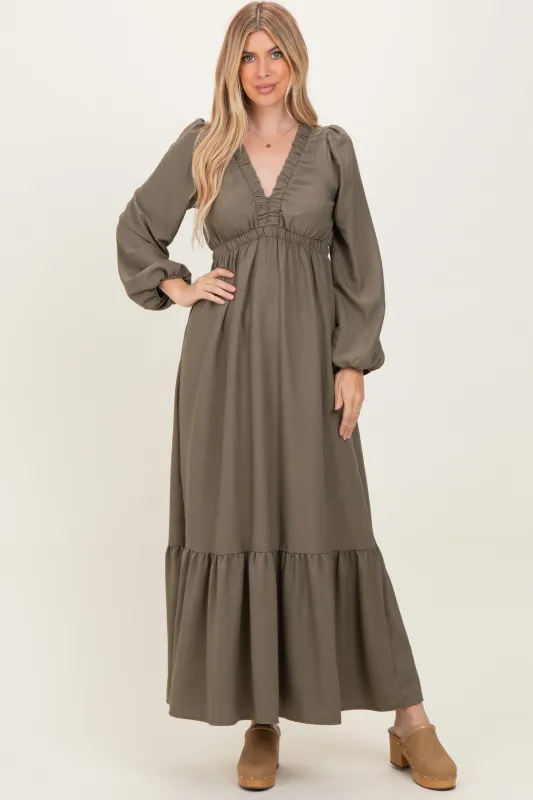 Forest Green Long Sleeve V-Neck Tiered Maxi Dress sold by Pinkblush