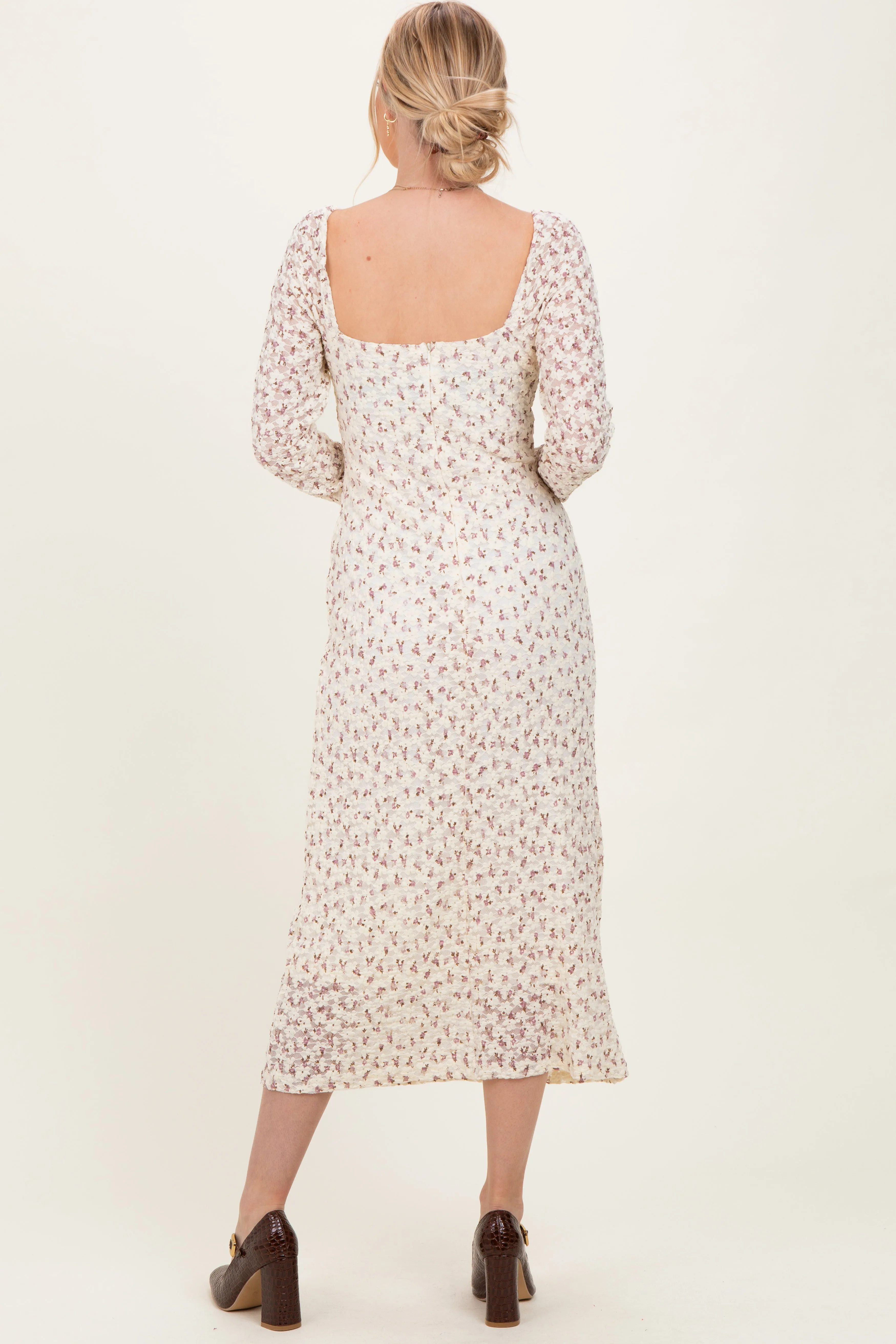 Cream Floral Sweetheart Neckline Long Sleeve Maxi Dress sold by Pinkblush product image thumbnail 4