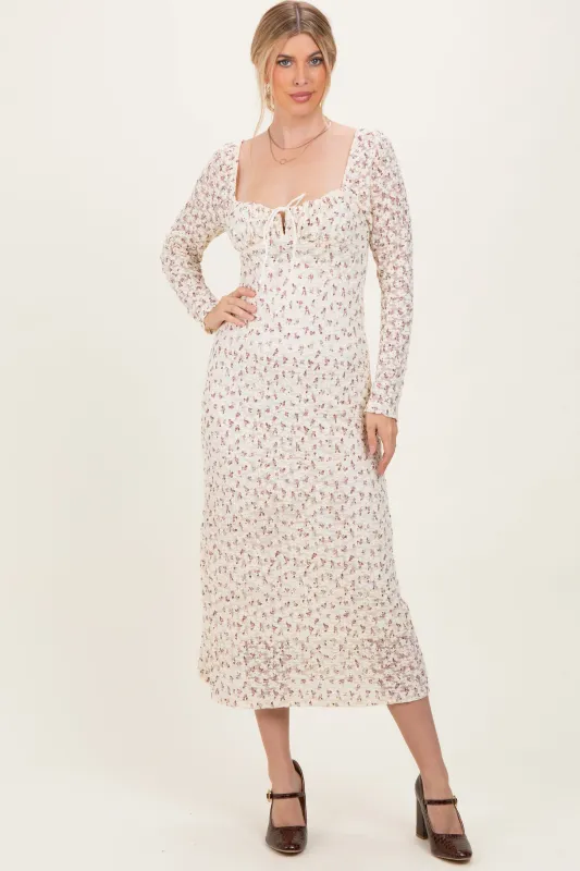 Cream Floral Sweetheart Neckline Long Sleeve Maxi Dress sold by Pinkblush
