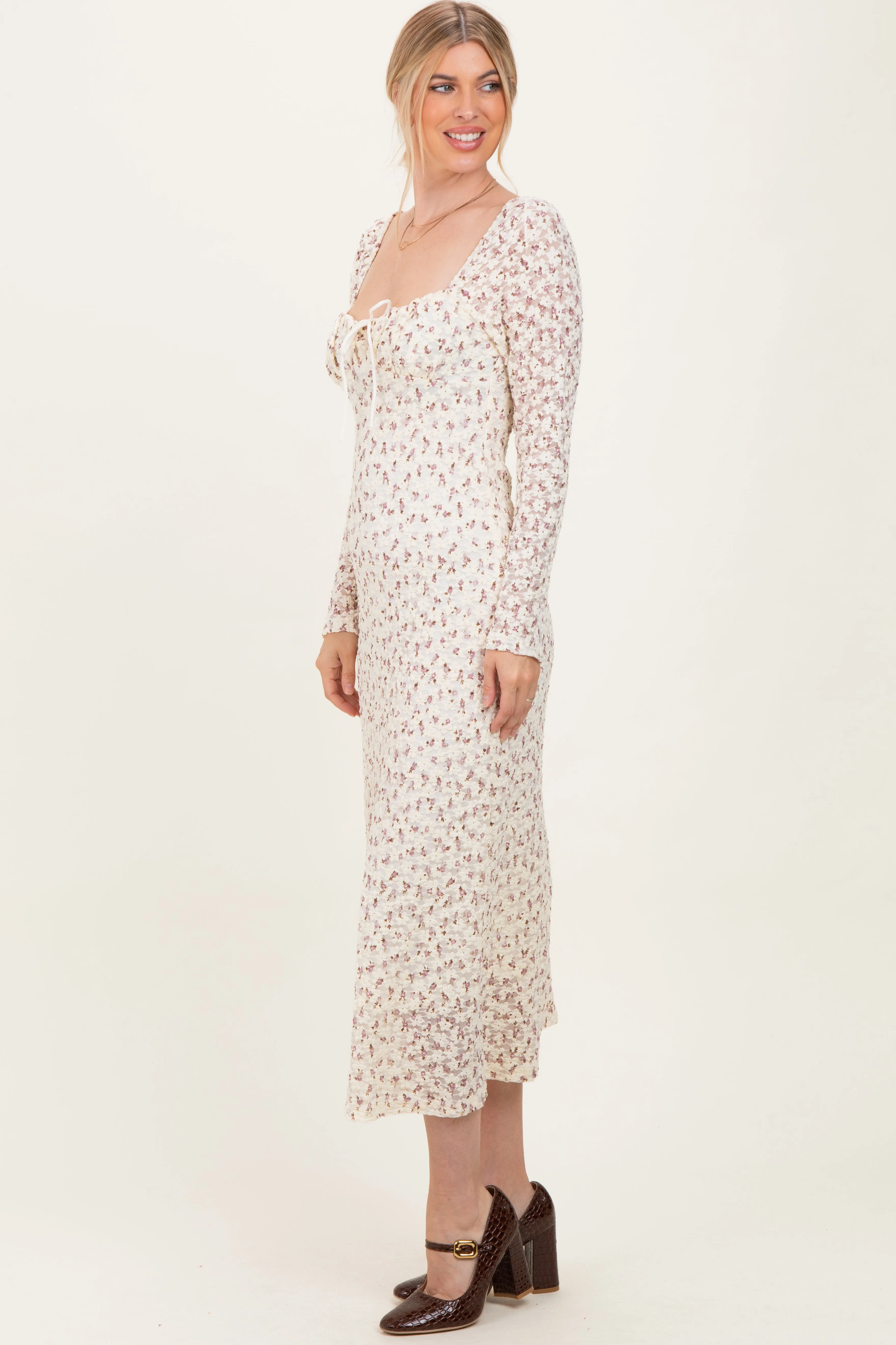 Cream Floral Sweetheart Neckline Long Sleeve Maxi Dress sold by Pinkblush product image thumbnail 3