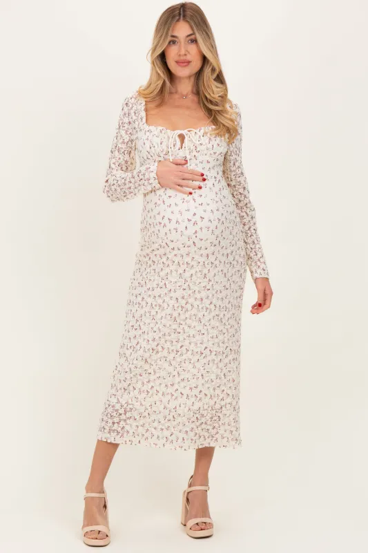 Cream Floral Sweetheart Neckline Long Sleeve Maternity Maxi Dress sold by Pinkblush