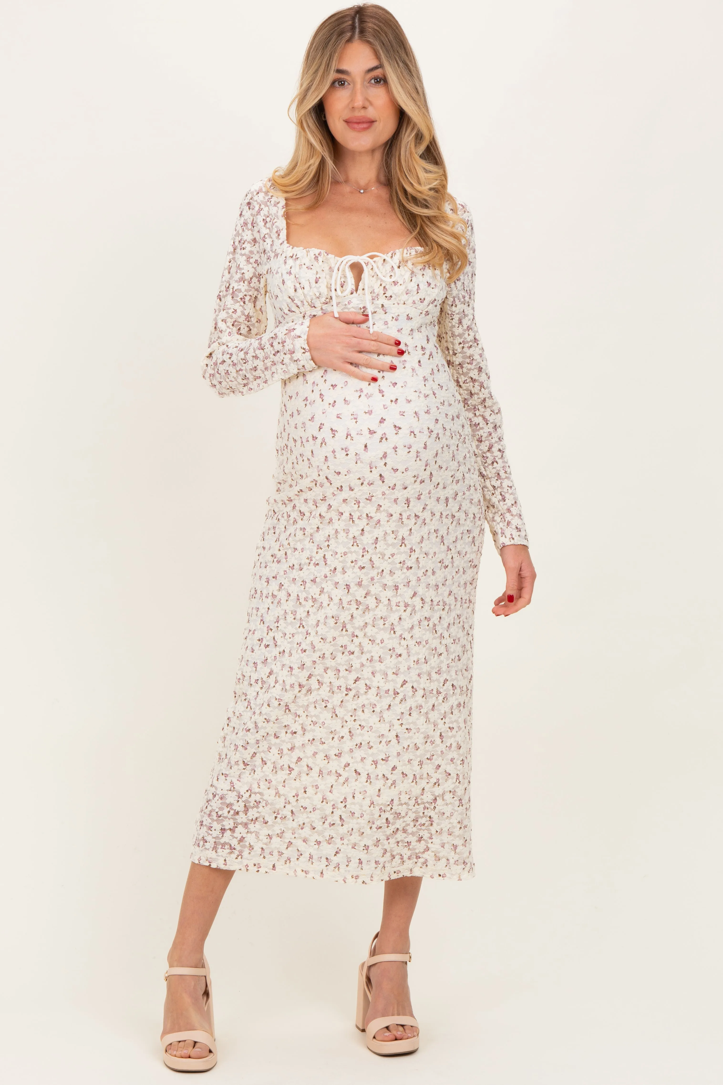 Cream Floral Sweetheart Neckline Long Sleeve Maternity Maxi Dress sold by Pinkblush