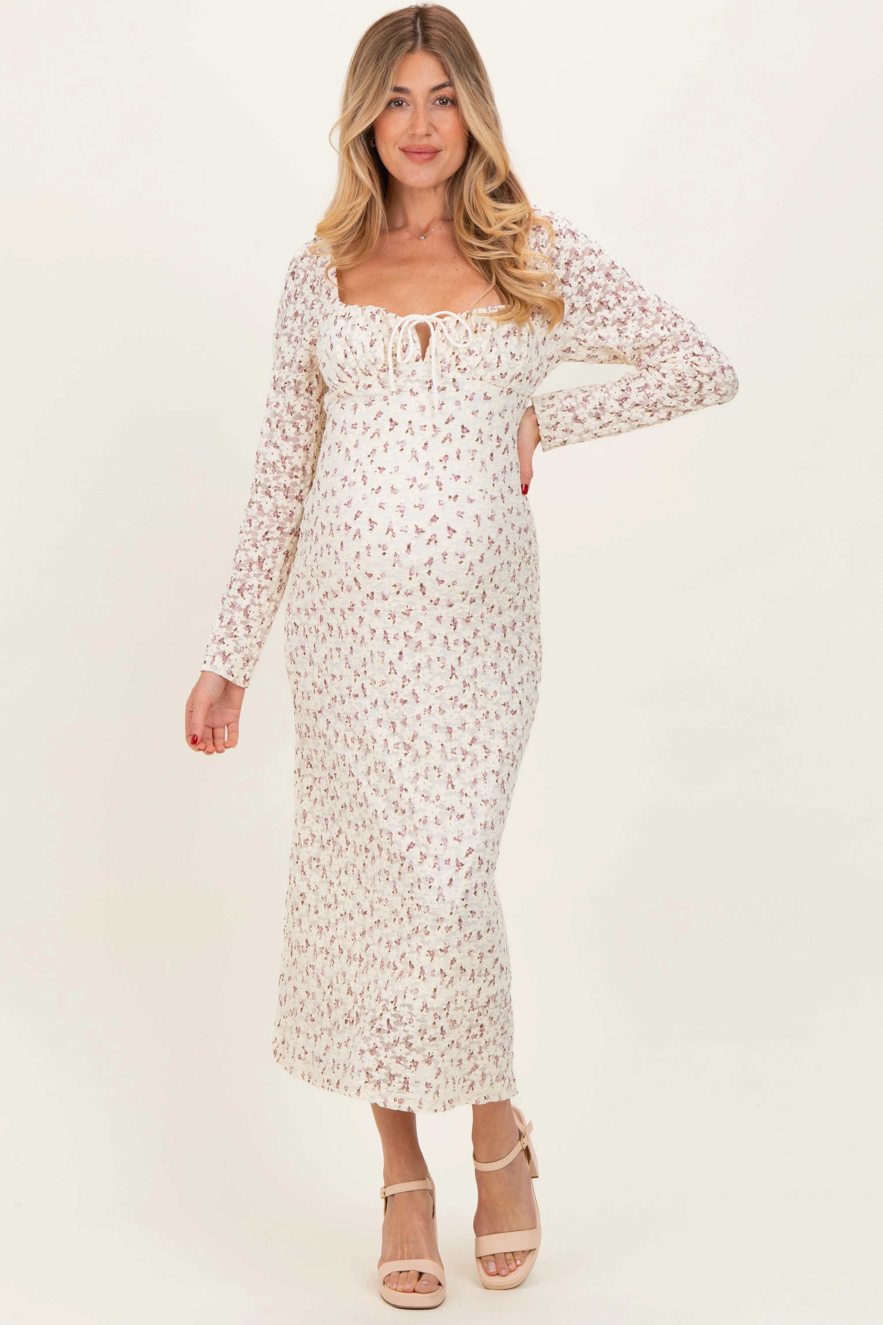 Cream Floral Sweetheart Neckline Long Sleeve Maternity Maxi Dress sold by Pinkblush product image thumbnail 2