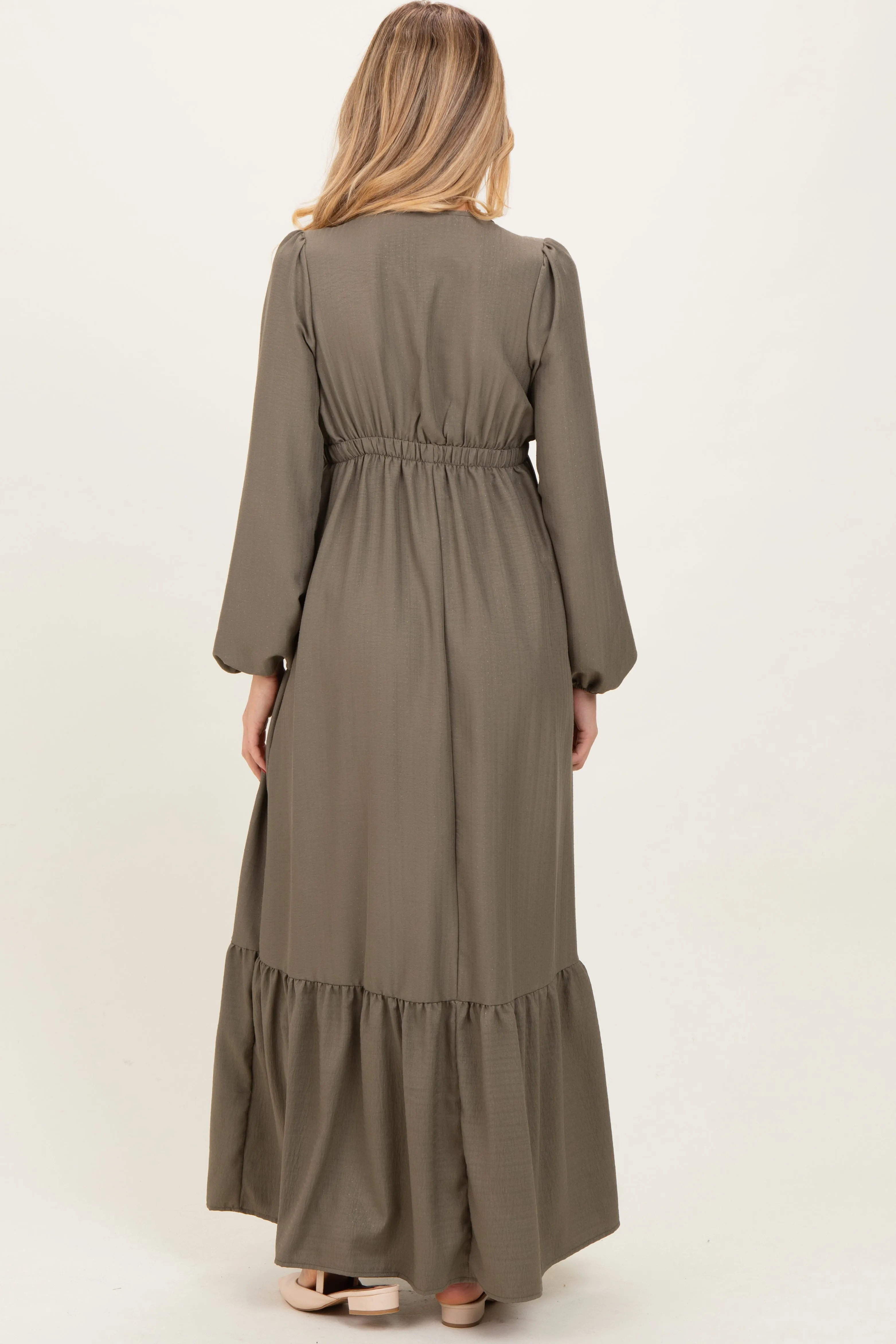 Forest Green Long Sleeve V-Neck Tiered Maternity Maxi Dress sold by Pinkblush product image thumbnail 4