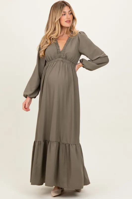 Forest Green Long Sleeve V-Neck Tiered Maternity Maxi Dress sold by Pinkblush