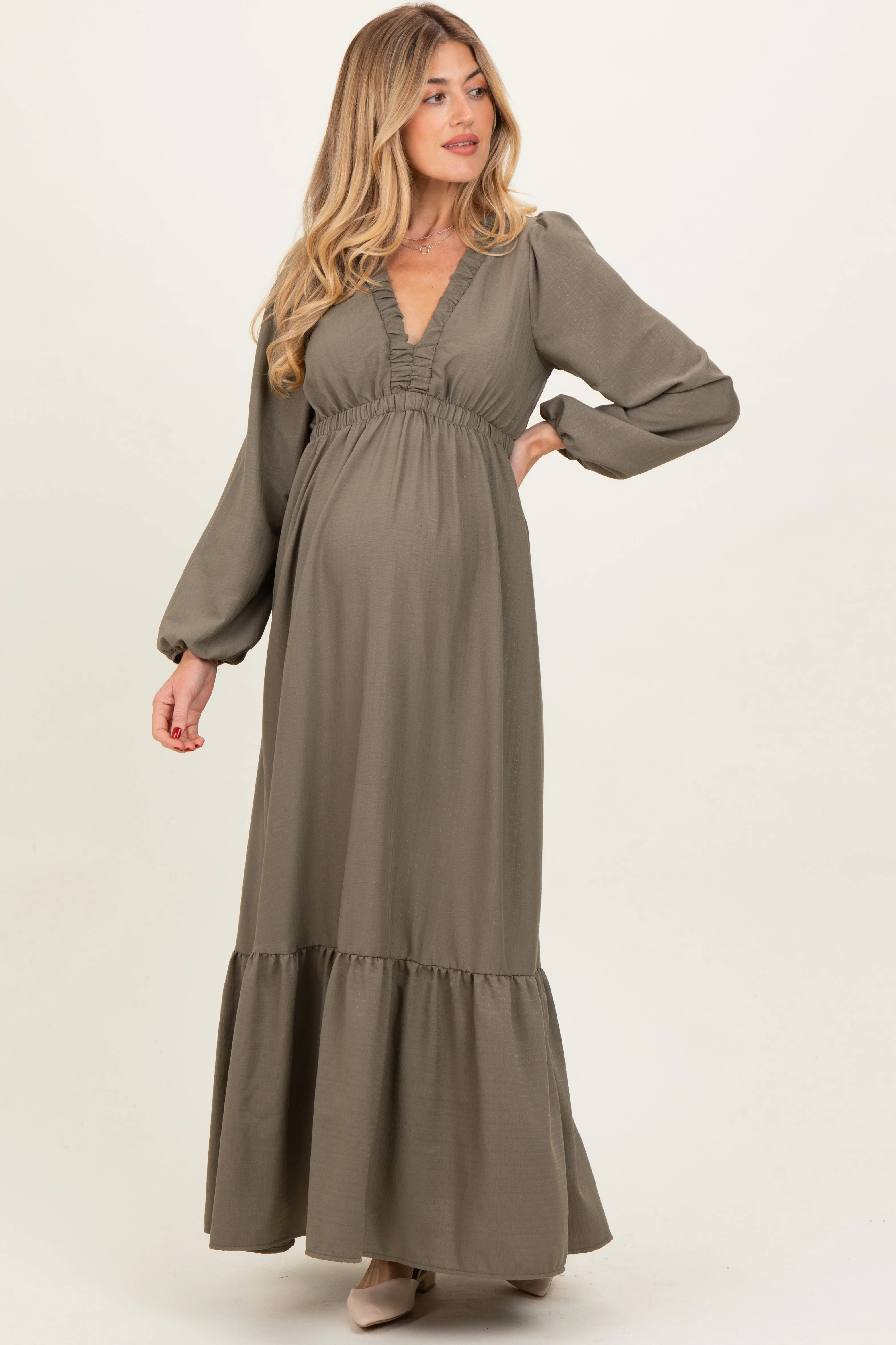 Forest Green Long Sleeve V-Neck Tiered Maternity Maxi Dress sold by Pinkblush