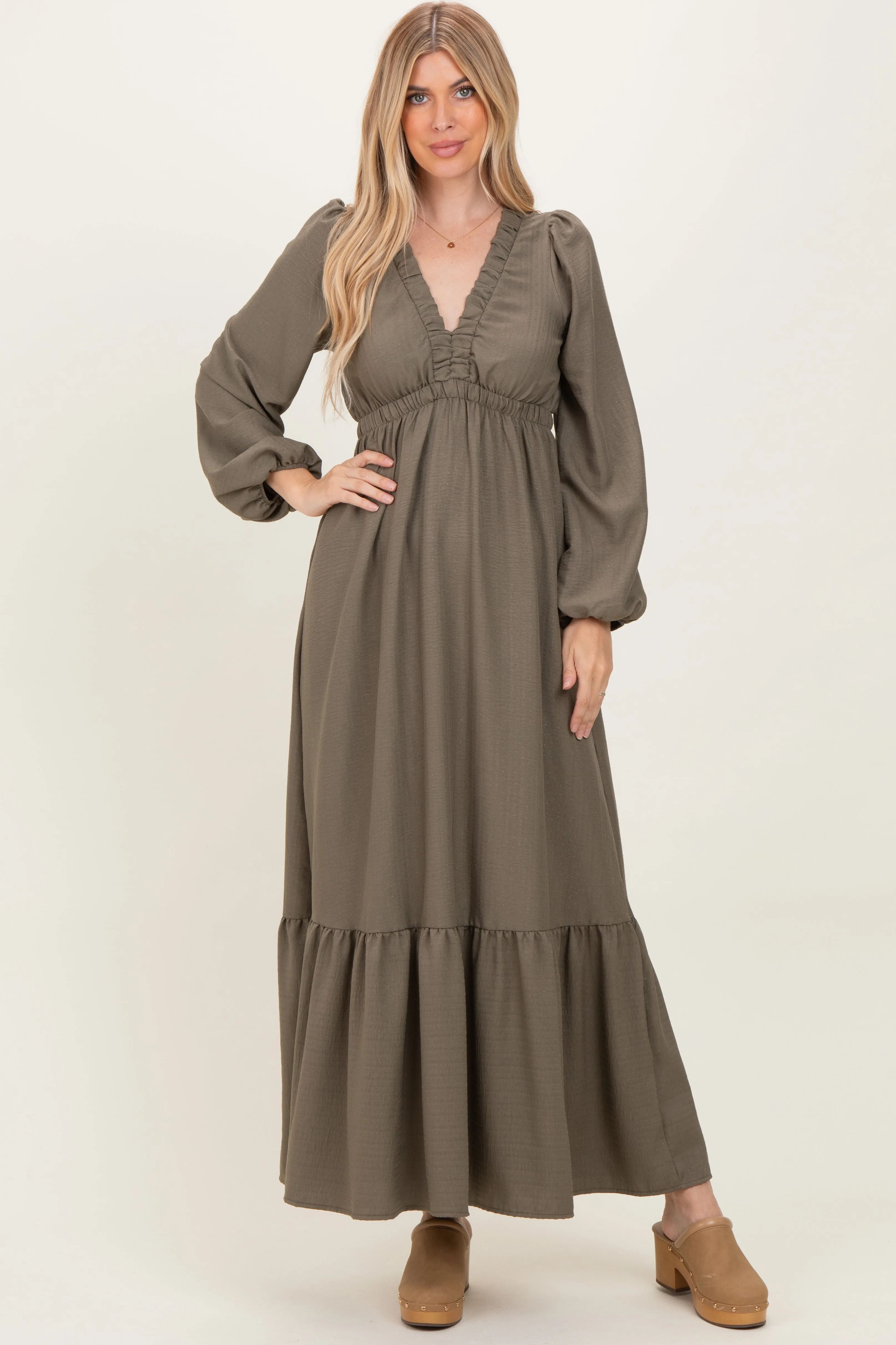 Forest Green Long Sleeve V-Neck Tiered Maternity Maxi Dress sold by Pinkblush product image thumbnail 5