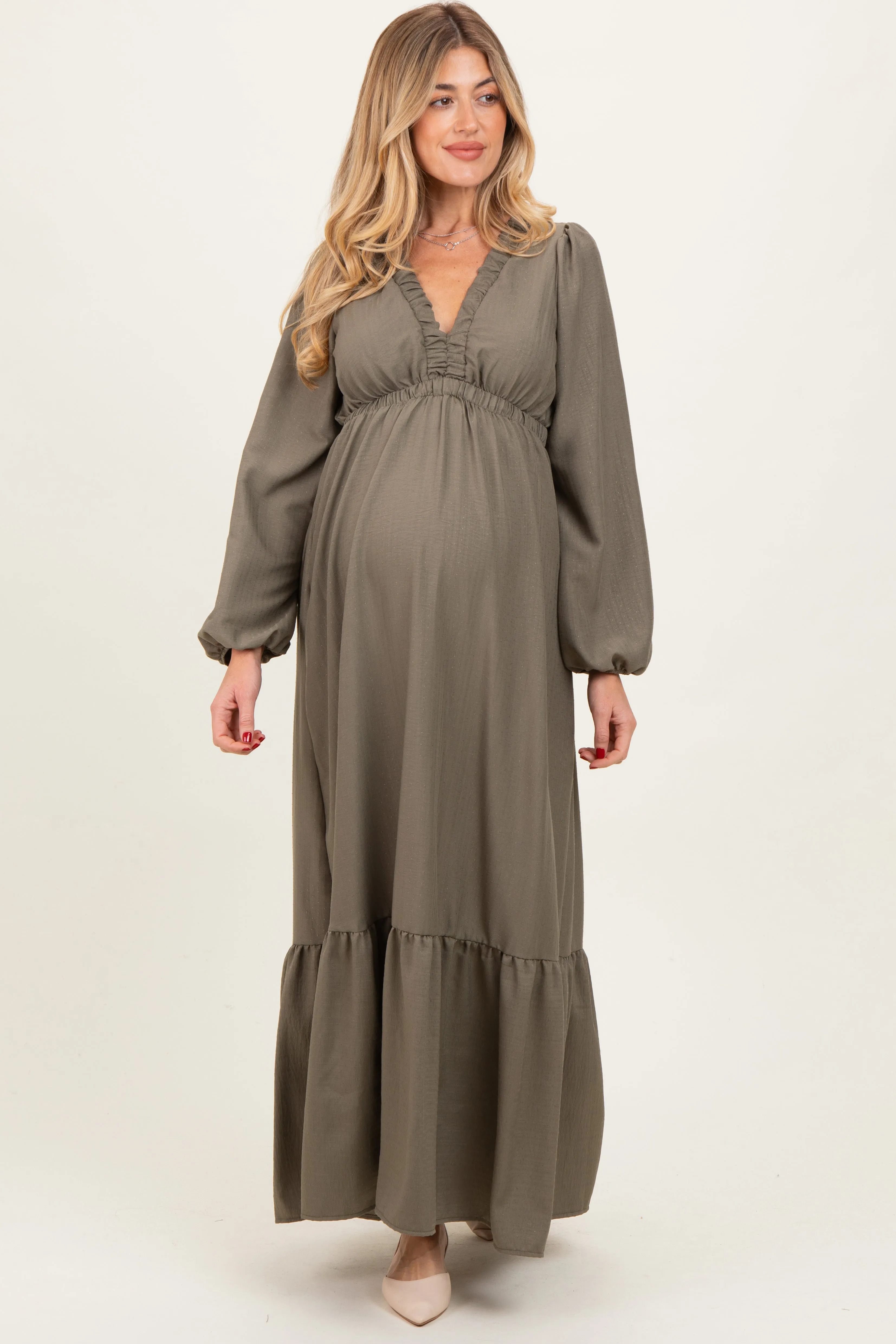 Forest Green Long Sleeve V-Neck Tiered Maternity Maxi Dress sold by Pinkblush product image thumbnail 2