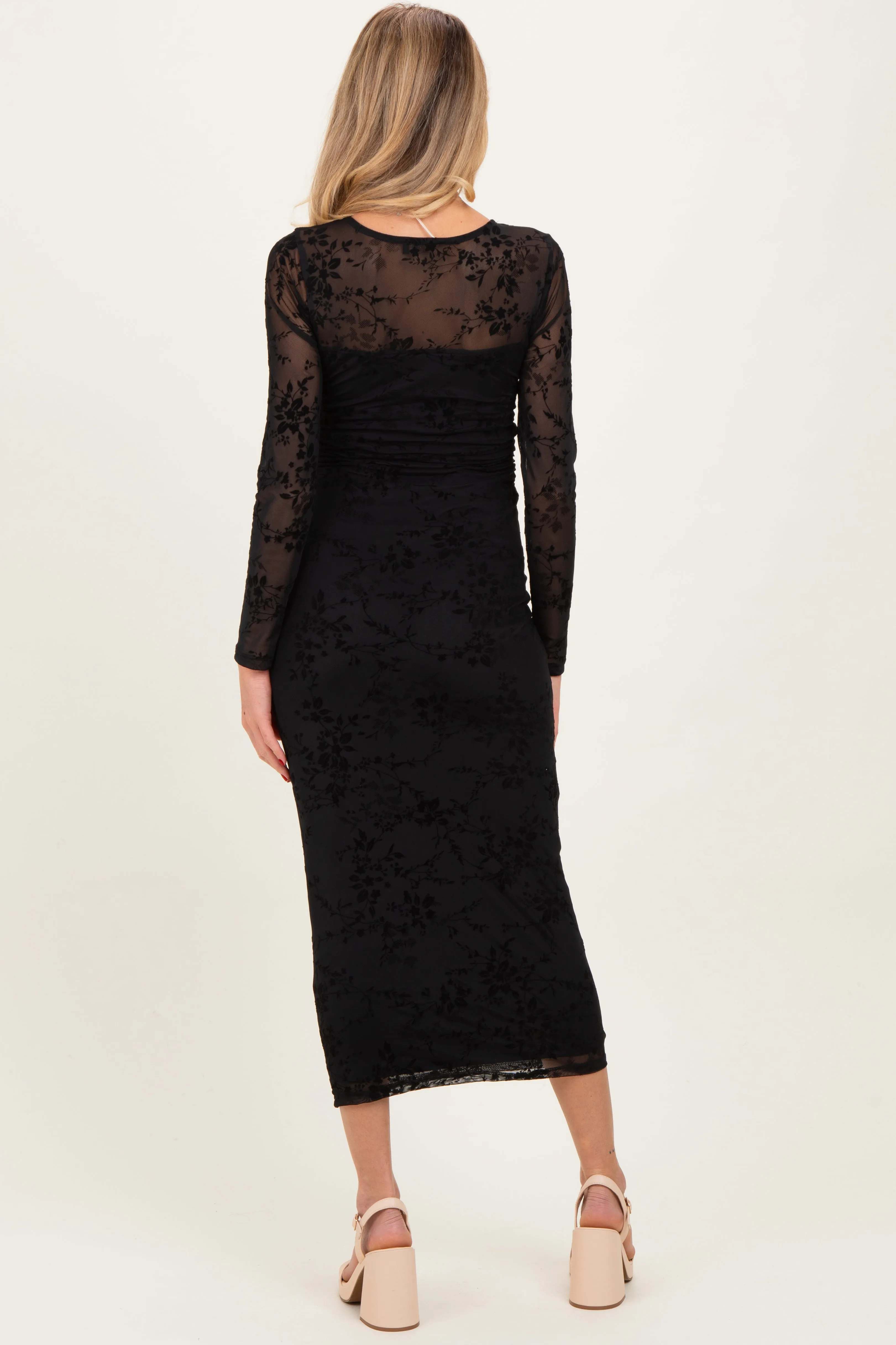 Black Floral Flocked Mesh Long Sleeve Maternity Midi Dress sold by Pinkblush product image thumbnail 4