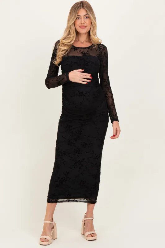 Black Floral Flocked Mesh Long Sleeve Maternity Midi Dress sold by Pinkblush