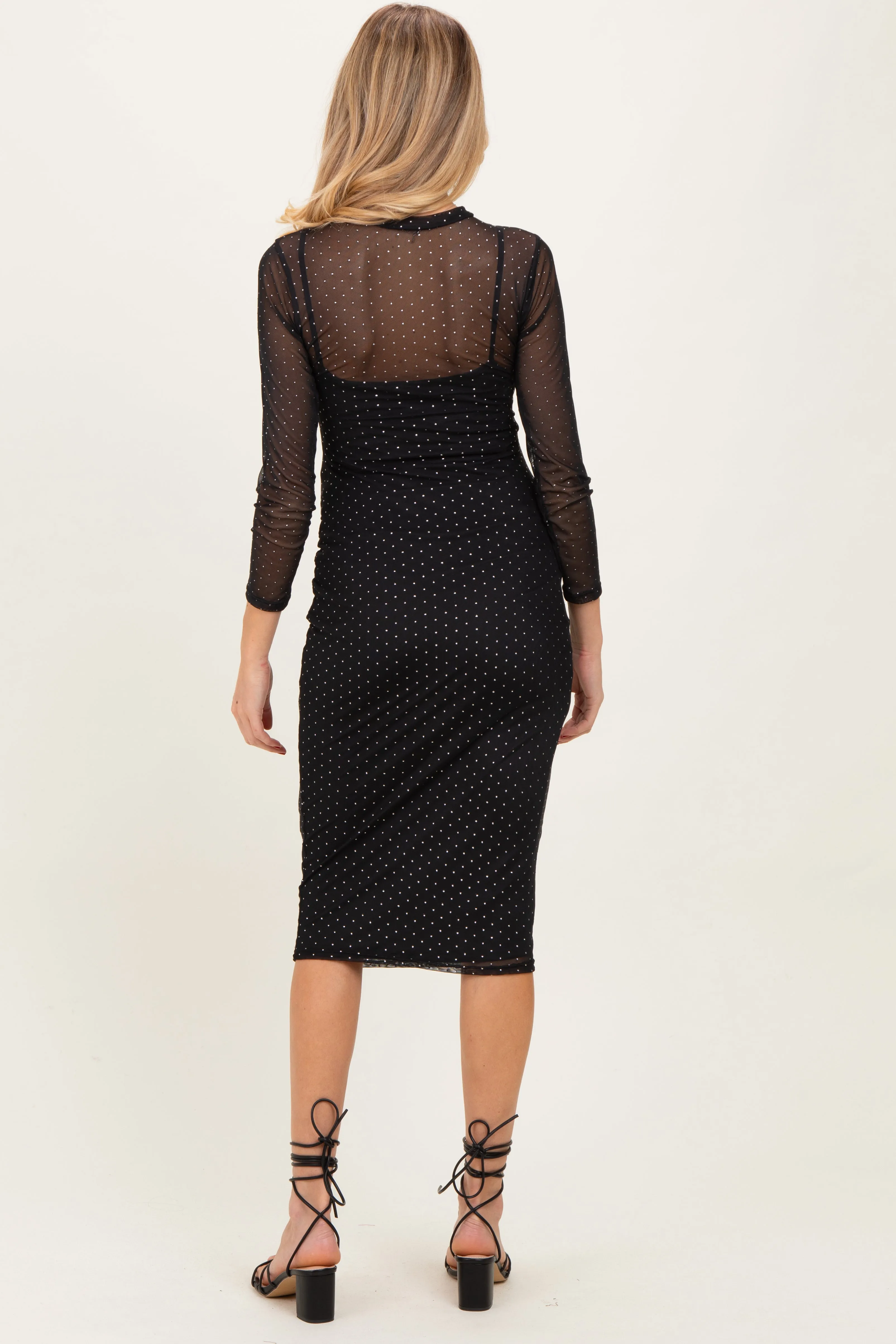Black Printed Mesh Long Sleeve Maternity Midi Dress sold by Pinkblush product image thumbnail 4
