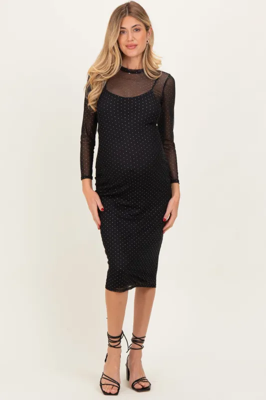 Black Printed Mesh Long Sleeve Maternity Midi Dress sold by Pinkblush