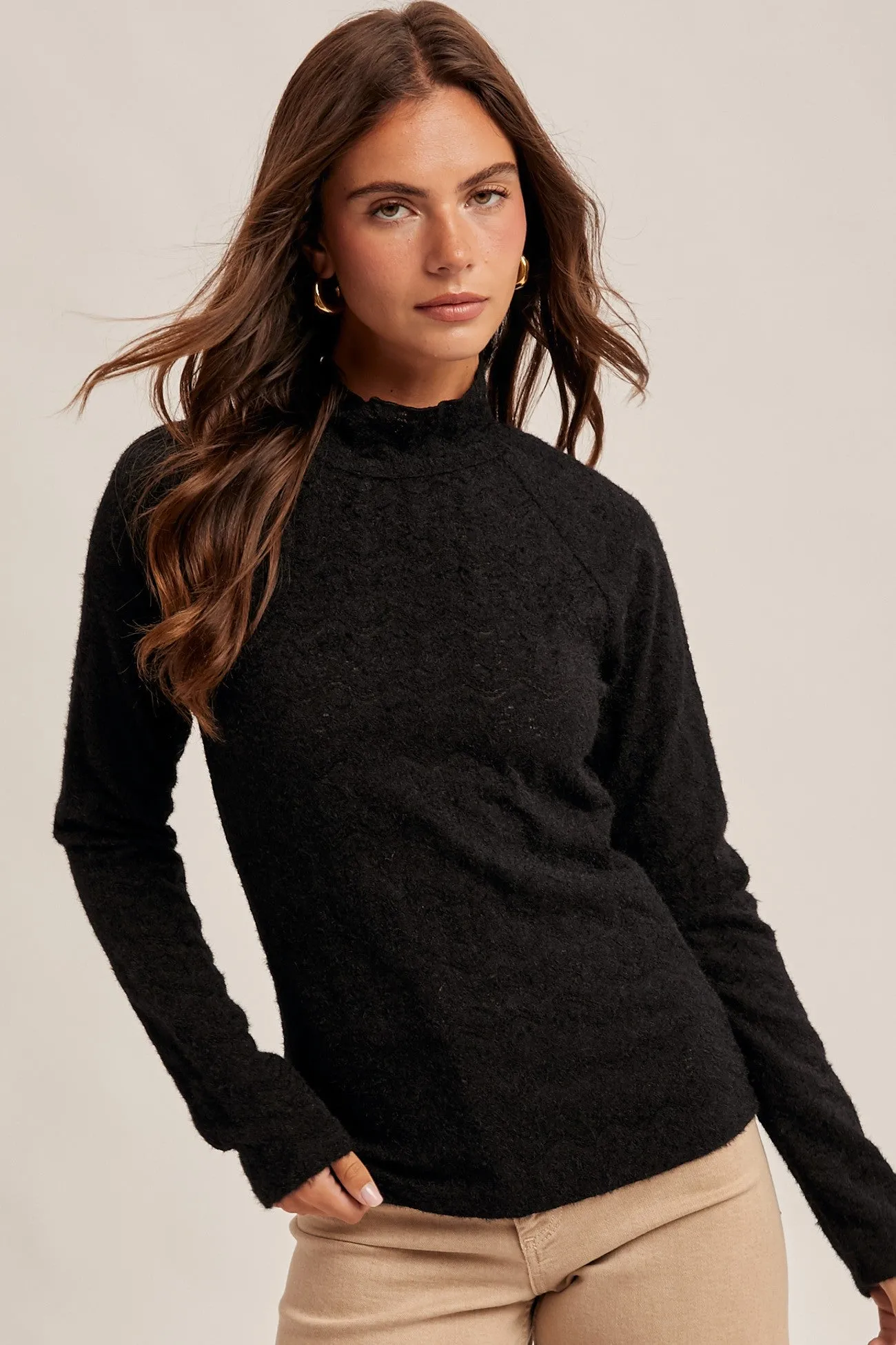 Black Mock Neck Long Sleeve Brushed Lace Maternity Top sold by Pinkblush product image thumbnail 5