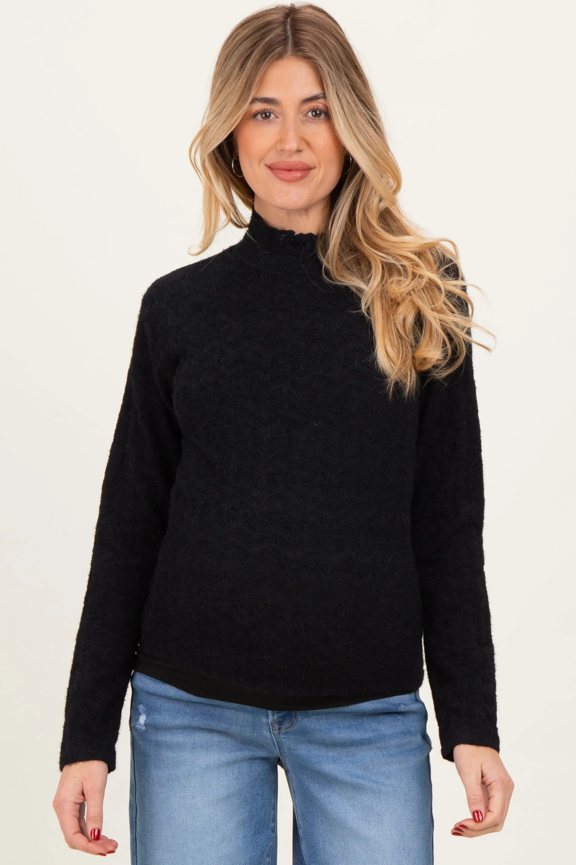 Black Mock Neck Long Sleeve Brushed Lace Maternity Top sold by Pinkblush product image thumbnail 2