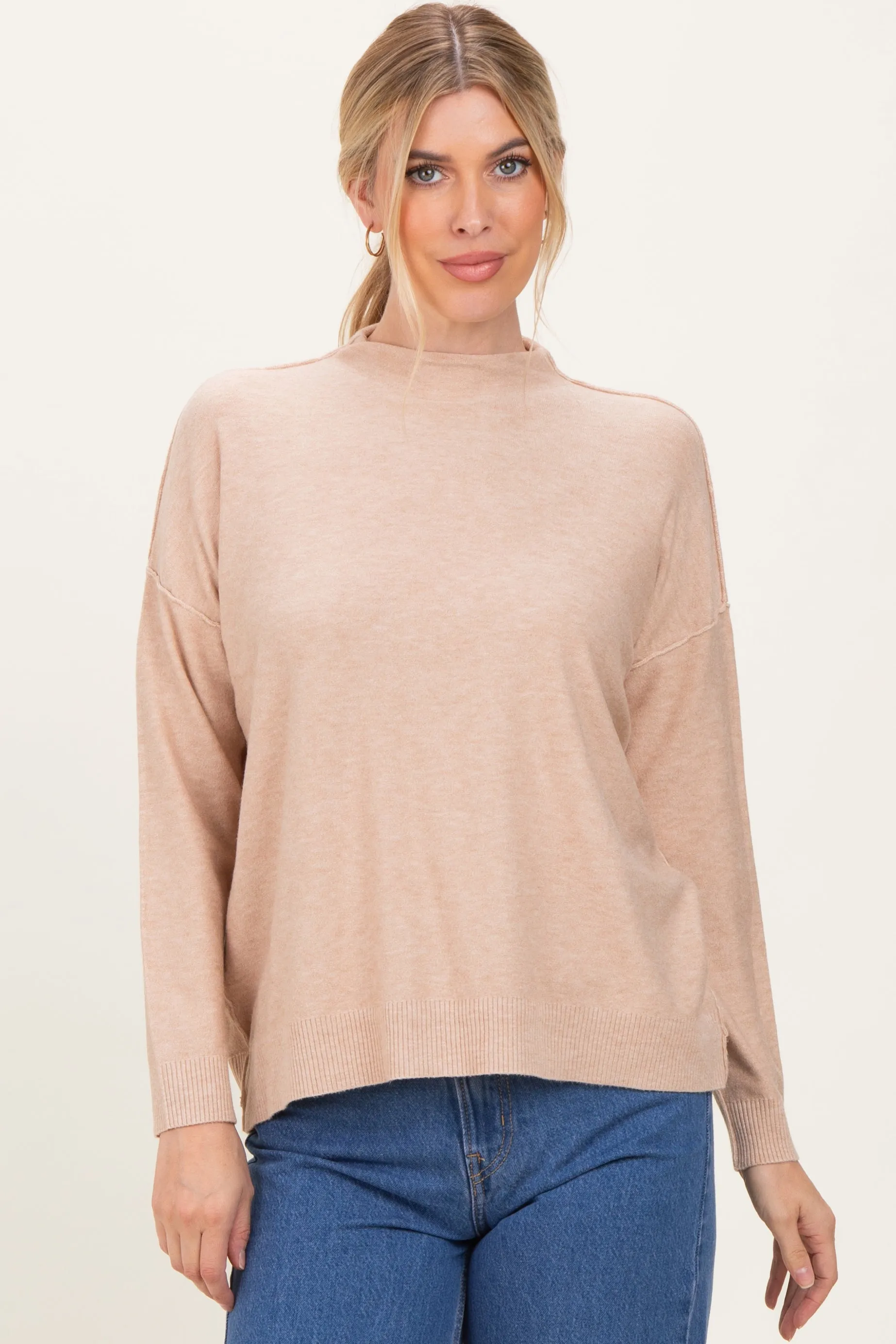 Beige Mock Neck Exposed Seam Sweater sold by Pinkblush