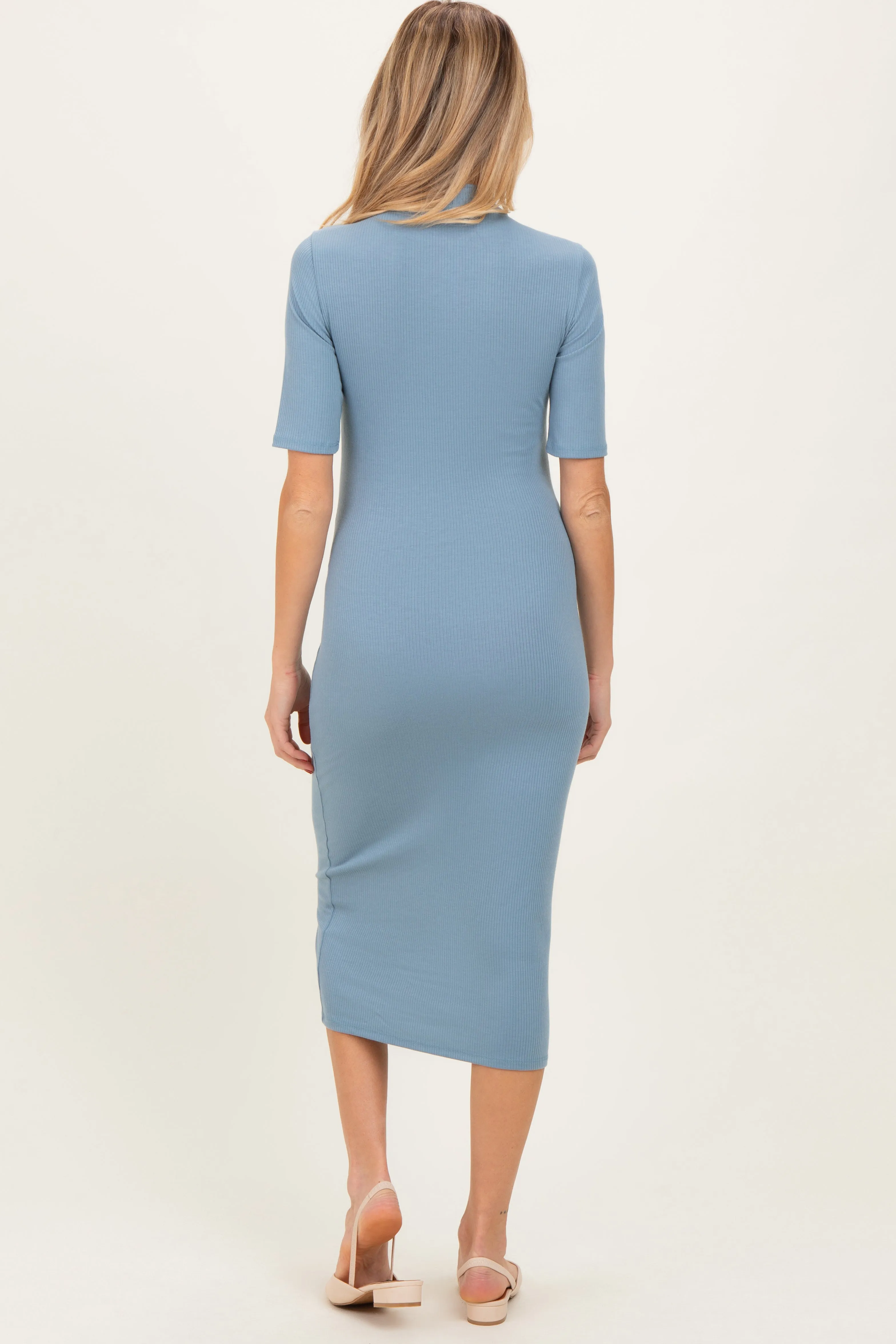 Dusty Blue Ribbed Mock Neck Maternity Midi Dress sold by Pinkblush product image thumbnail 4