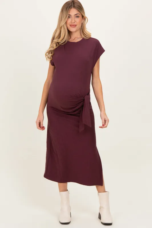 Maroon Side Tie Side Slit Maternity Midi Dress sold by Pinkblush