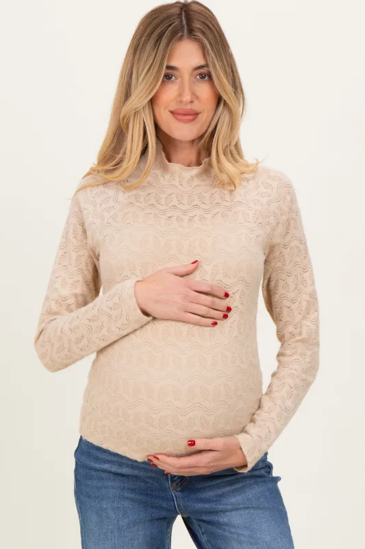 Beige Mock Neck Long Sleeve Brushed Lace Maternity Top sold by Pinkblush