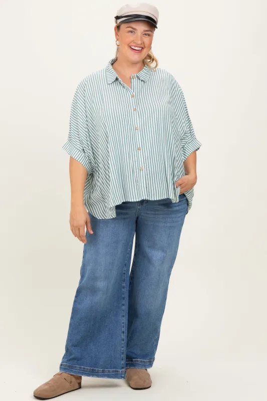 Forest Green Striped Button Up Short Dolman Sleeve Maternity Plus Top sold by Pinkblush