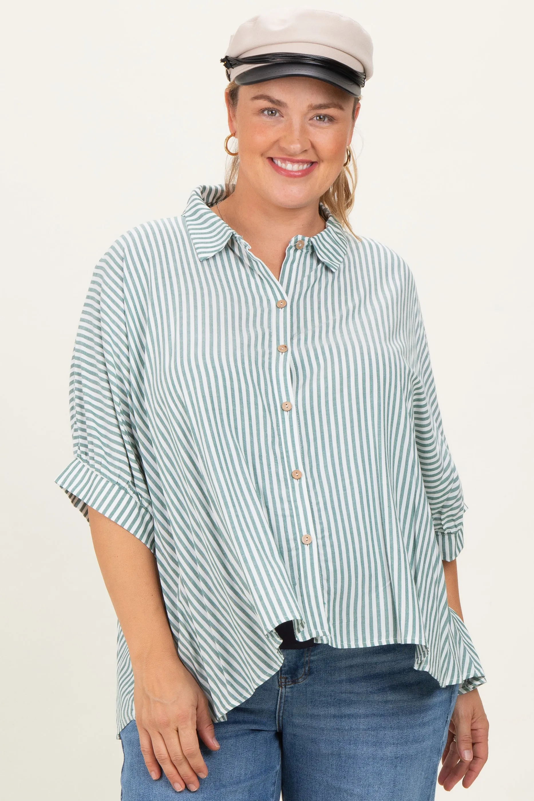 Forest Green Striped Button Up Short Dolman Sleeve Maternity Plus Top sold by Pinkblush product image thumbnail 2