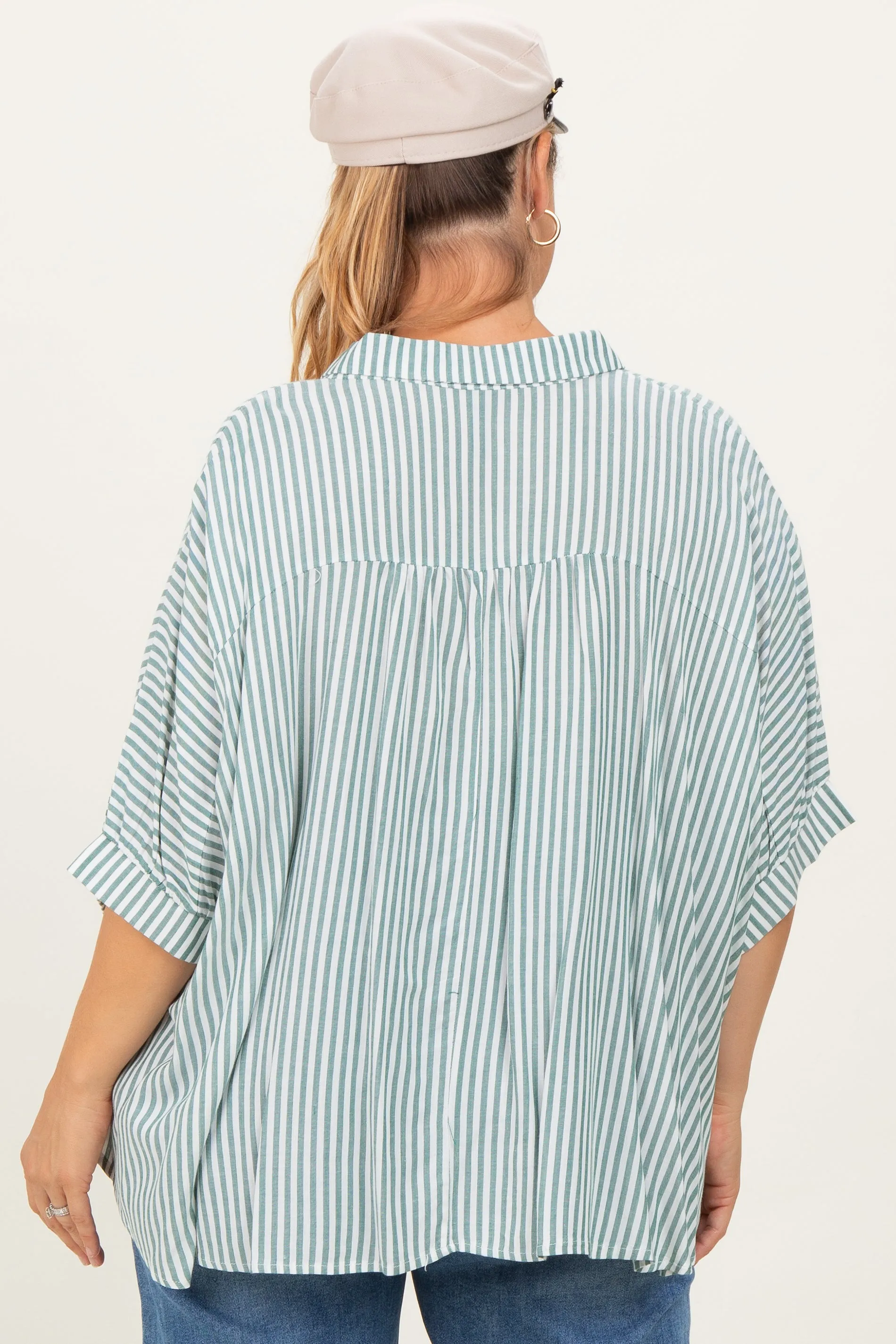 Forest Green Striped Button Up Short Dolman Sleeve Maternity Plus Top sold by Pinkblush product image thumbnail 3