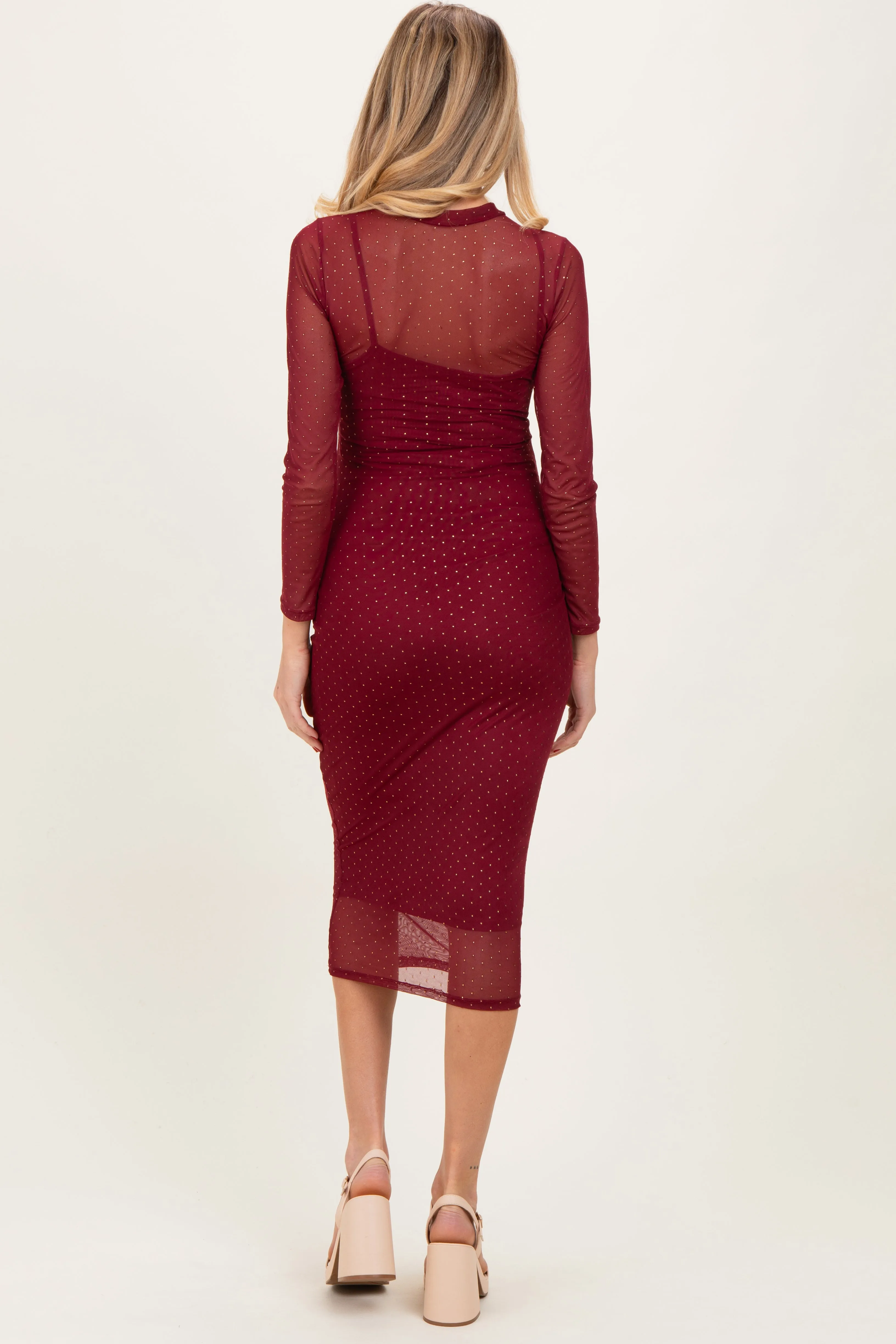 Burgundy Printed Mesh Long Sleeve Maternity Midi Dress sold by Pinkblush product image thumbnail 4
