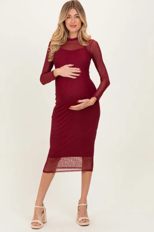 Burgundy Printed Mesh Long Sleeve Maternity Midi Dress sold by Pinkblush