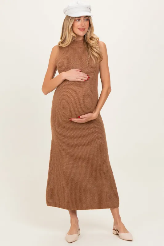 Mocha Chunky Knit Sleeveless Maternity Maxi Dress sold by Pinkblush