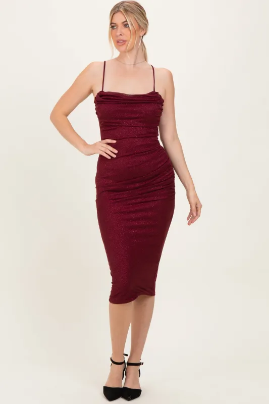 Burgundy Glitter Ruched Midi Dress sold by Pinkblush